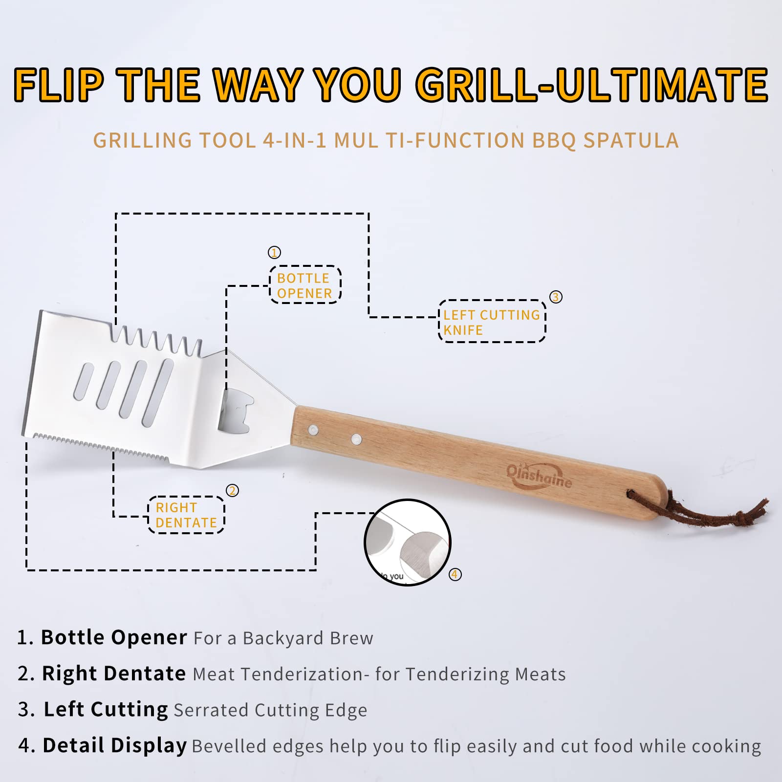Espátula de barbacoa 4 en 1, espátula multifunción con mango de madera, perfecta para parrillas de barbacoa y kebabs para camping.