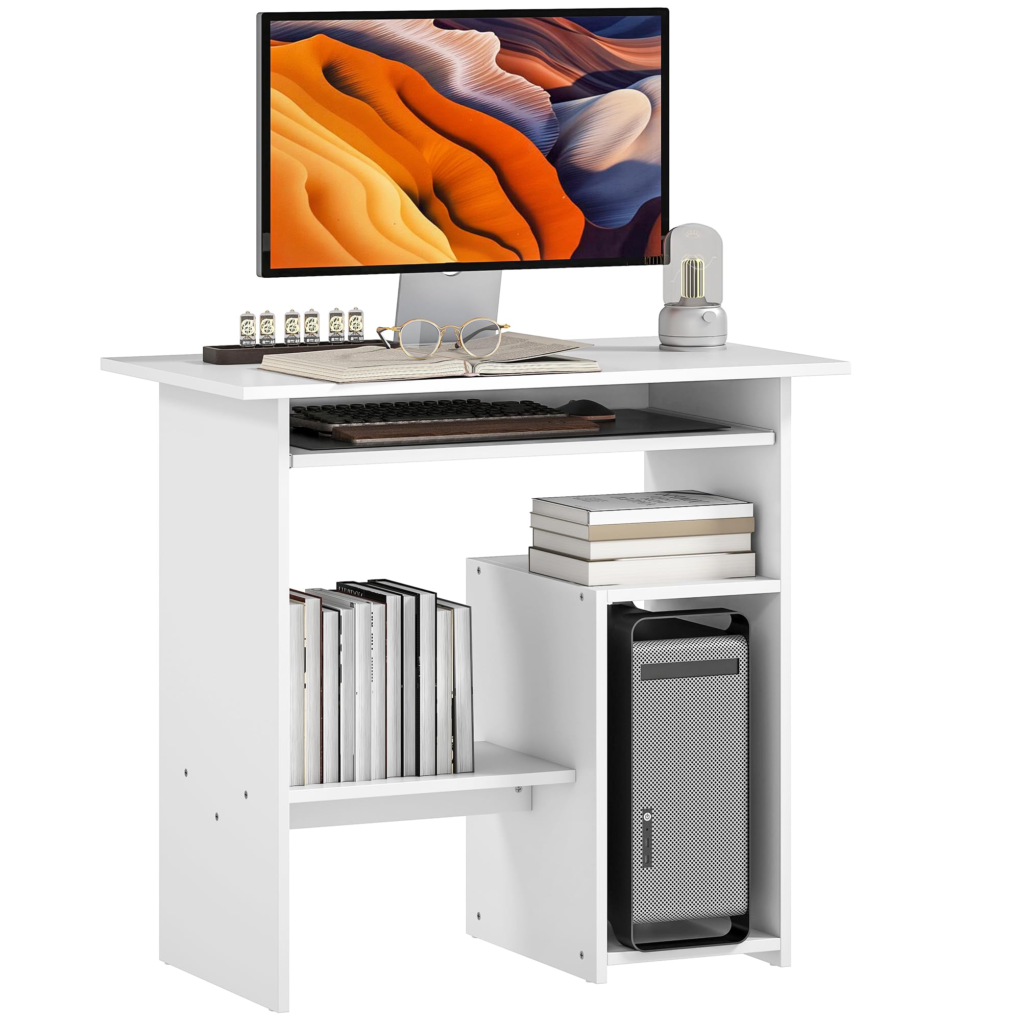 HOMCOM Schreibtisch mit Tastaturablage für Home Office 80 x 45 cm Weiß | Computertisch, Bürotisch, Offenen Fächern und Ablageflächen, Spanplatte, Schlafzimmer