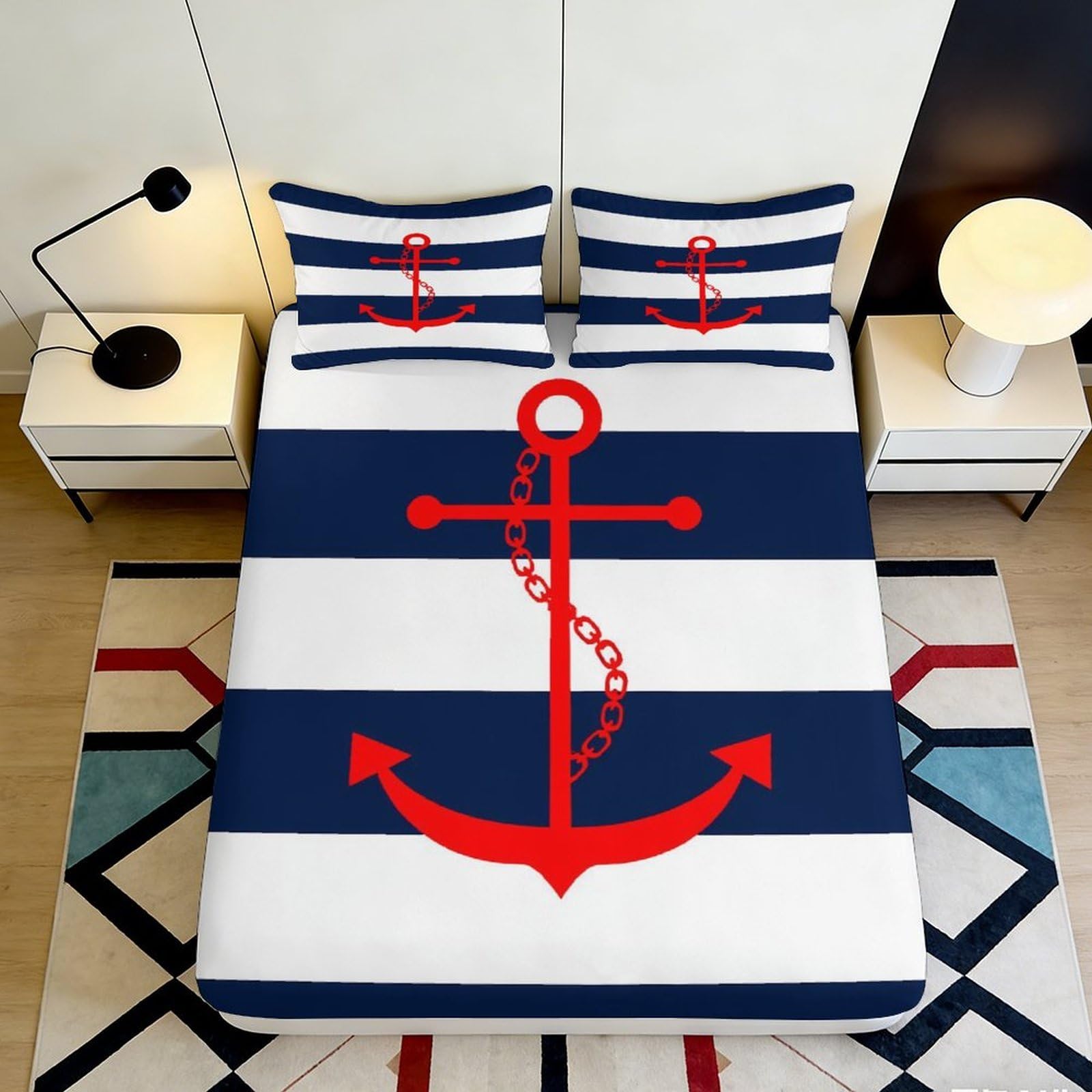 3D Printed Nautical Anchor Fitted Sheet Microfiber Navy Stripe Bed Cover for Bedroom Guestroom Mattress Protection Decor 90x200x25cm