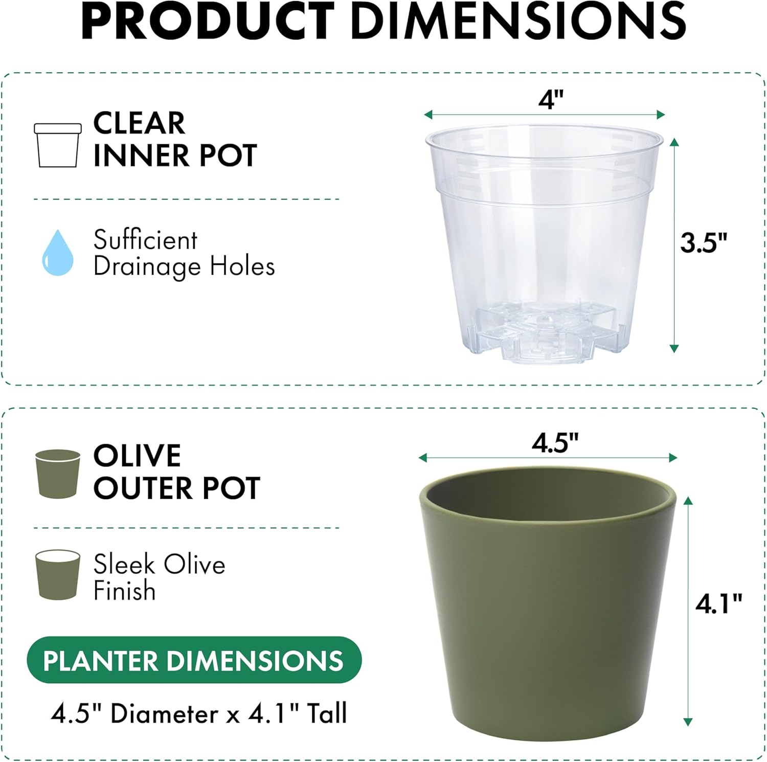 Phoenix Vine 4.5 Inch Olive Plastic Cachepot with Clear Nursery Pot, Decorative Lightweight Planter Cover with Transparent Inner Pot for Indoor Houseplants, Pack of 6, 24-B-F-6