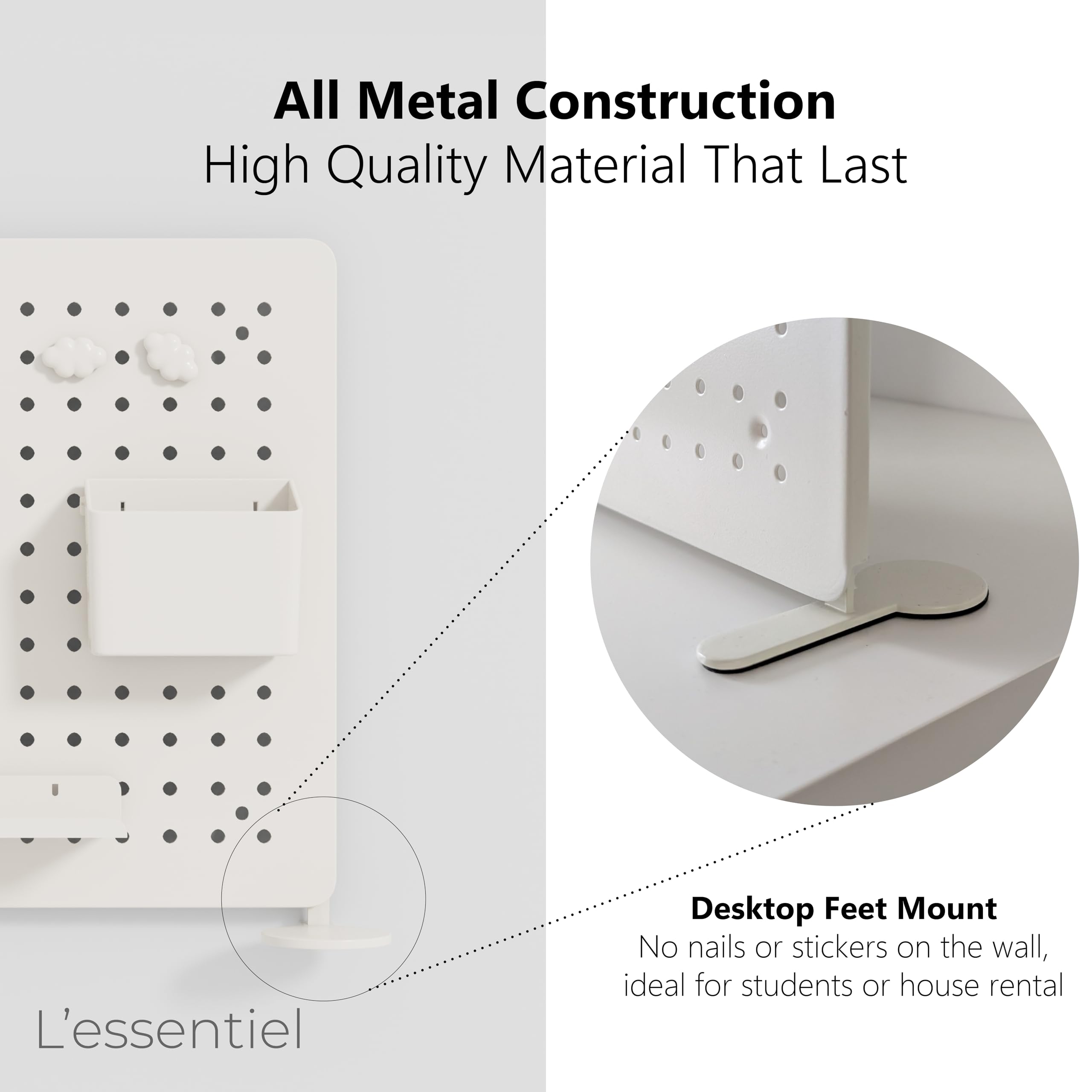 L'essentiel Home and Office - Pannello forato in metallo autoportante con accessori e supporto (bianco, 37 x 37 cm)