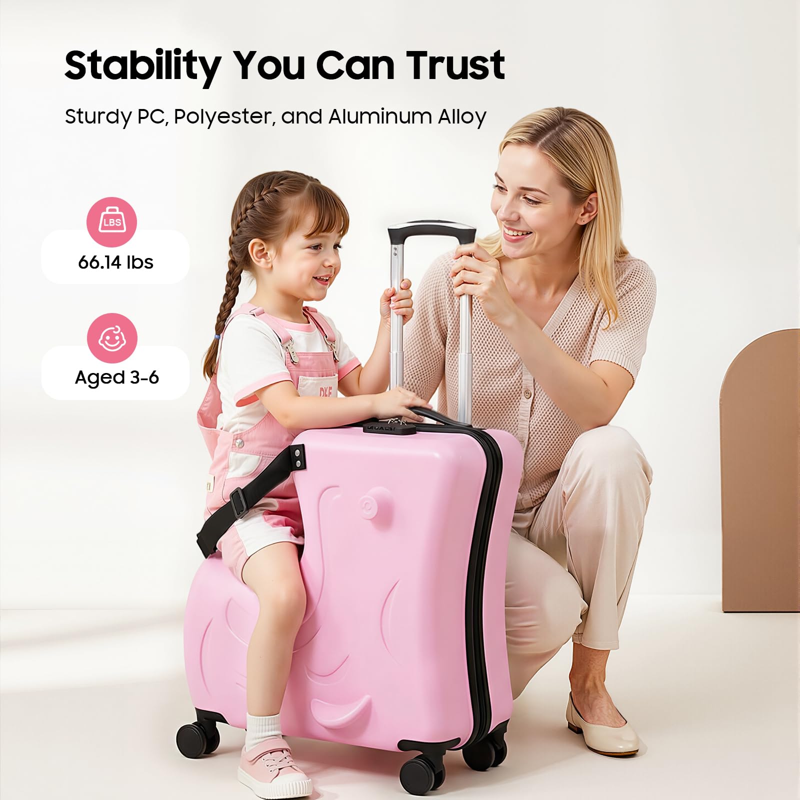 Kinder-Trolley mit Sitz 3–6 Jahre, 20L PC-Hartschale bis 30kg belastbar | Kindgerechte Haltegriffe, Fußablage, höhenverstellbarer Griff & Zahlenschloss