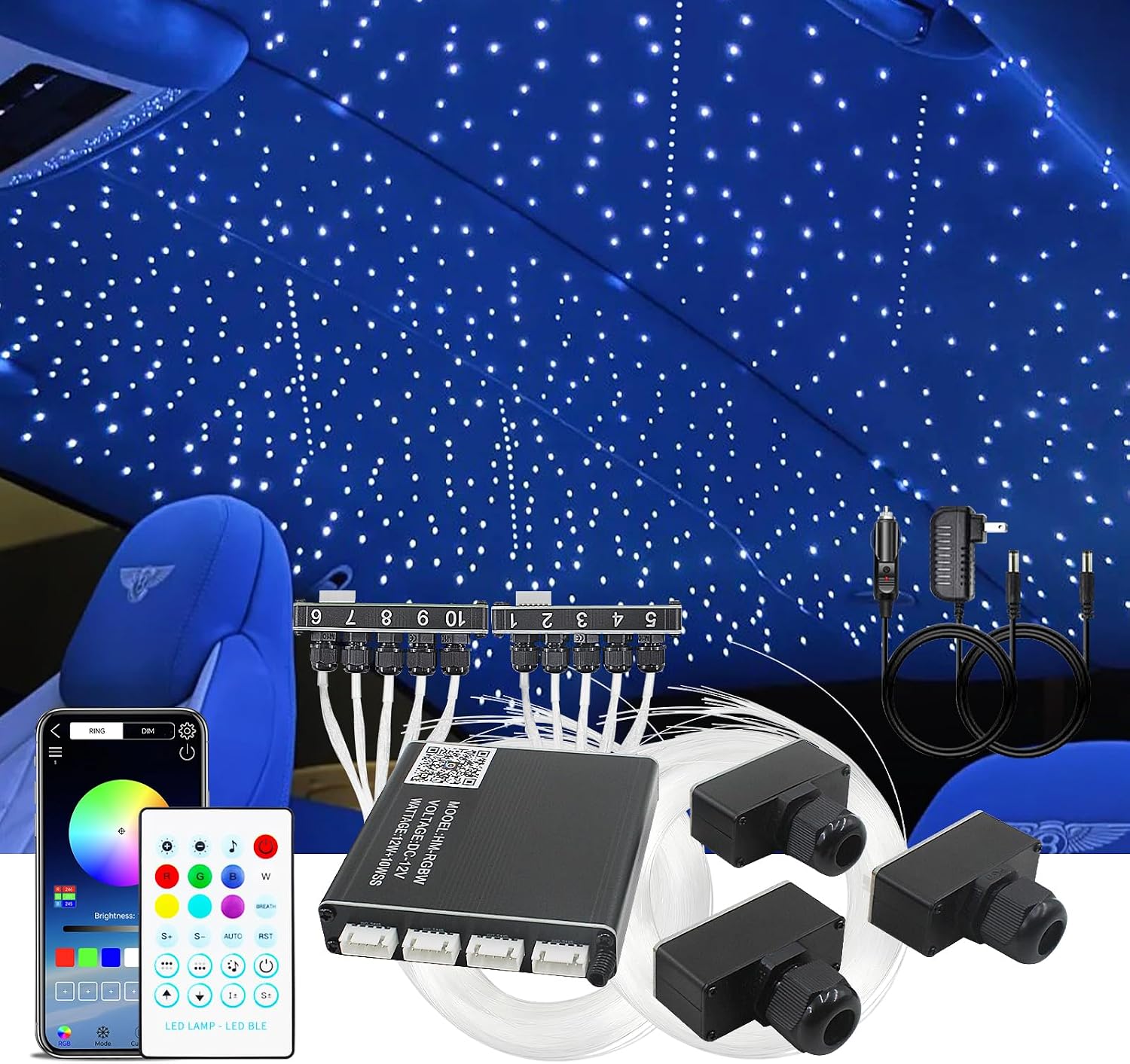 Starlight Headliner Kit, 1200pcs 0.2in* 4.92ft 22W RGBW Fiber Optic Light, 22W RGBW Split 3+10 Holes Stars + Meteor Lights for Car Roof, App & Remote Control & Music/Voice Sync Star Lights