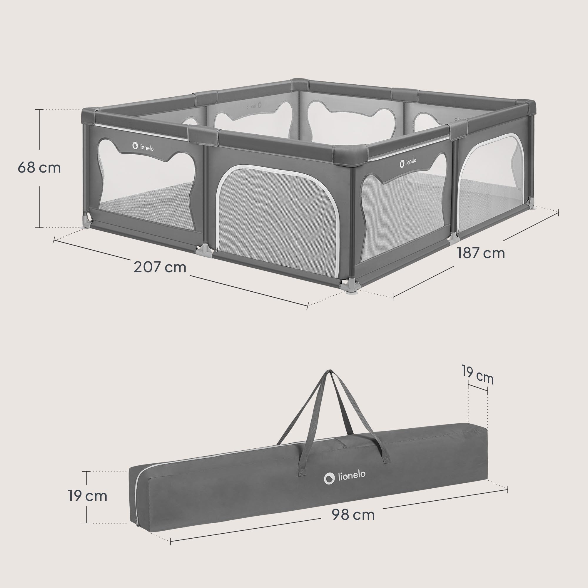 LIONELO WILLOW XL Parc Bébé Pliable, 0-48 mois, Grand Espace de 187 cm x 207 cm x 68 cm, Barrière Parc Bébé en Maille Respirante, 2 Entrées Latérales Zippées (Gris) (Grey)