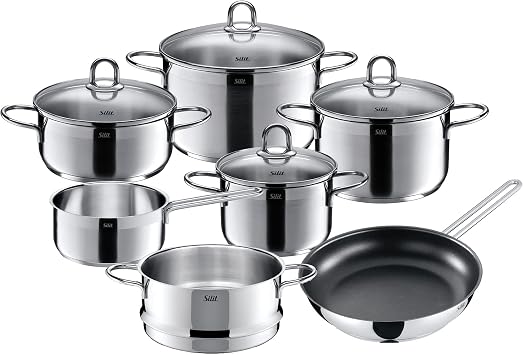 Silit Pot Set 7-Piece Diamant Pouring Rim Glass Lid Stainless Steel Polished Suitable for Induction Hobs Dishwasher-Safe