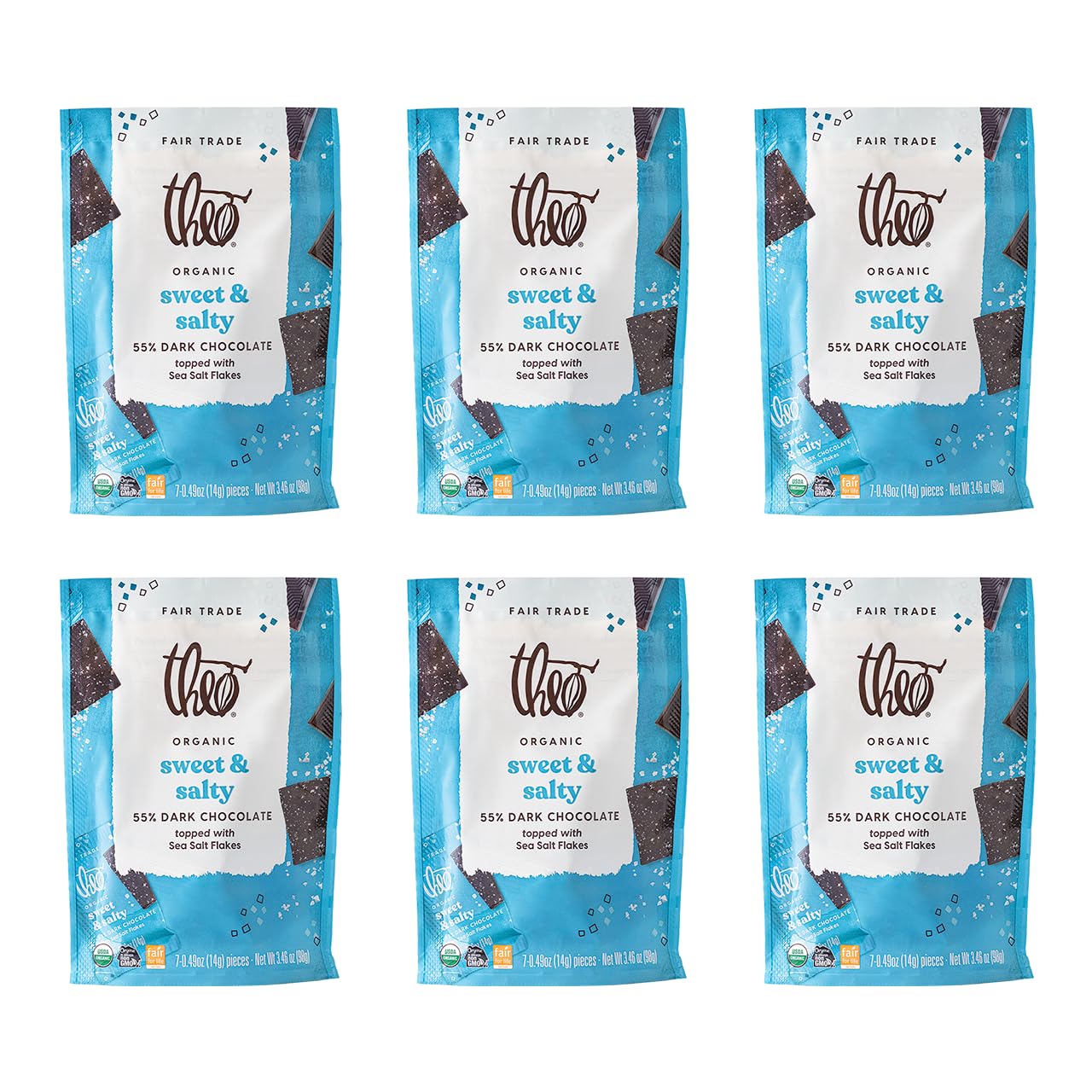 Theo Organic 55% Dark Chocolate Singles, Sweet & Salty Chocolate, 6 Pouches (7 Individually Wrapped Singles per Pouch), 42 Pieces, Vegan, Fair Trade