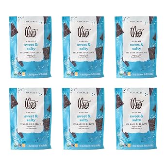 Theo Organic 55% Dark Chocolate Singles, Sweet & Salty Chocolate, 6 Pouches 7 Individually Wrapped Singles per Pouch, 42 Pieces, Vegan, Fair Trade
