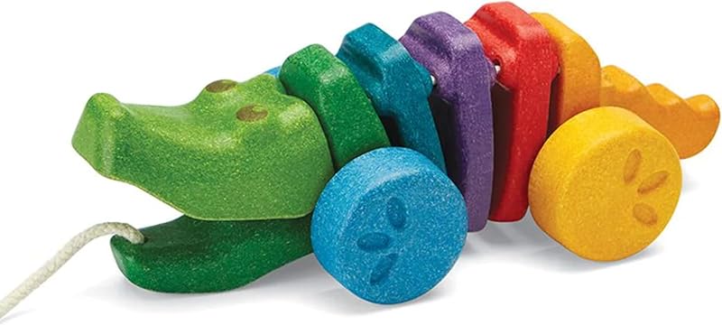 PlanToys® Juguete de tracción de cocodrilo danzante del arcoíris para niños pequeños | Juguete de Madera Ecológico con Sonido Click-Clack | Juguete para caminar para bebés | Sonido de clic-clac, juguetes para tirar para niños pequeños, diseño de animales, niñas, niños, idea de regalo de aprendizaje de causa y efecto de motricidad gruesa para niños