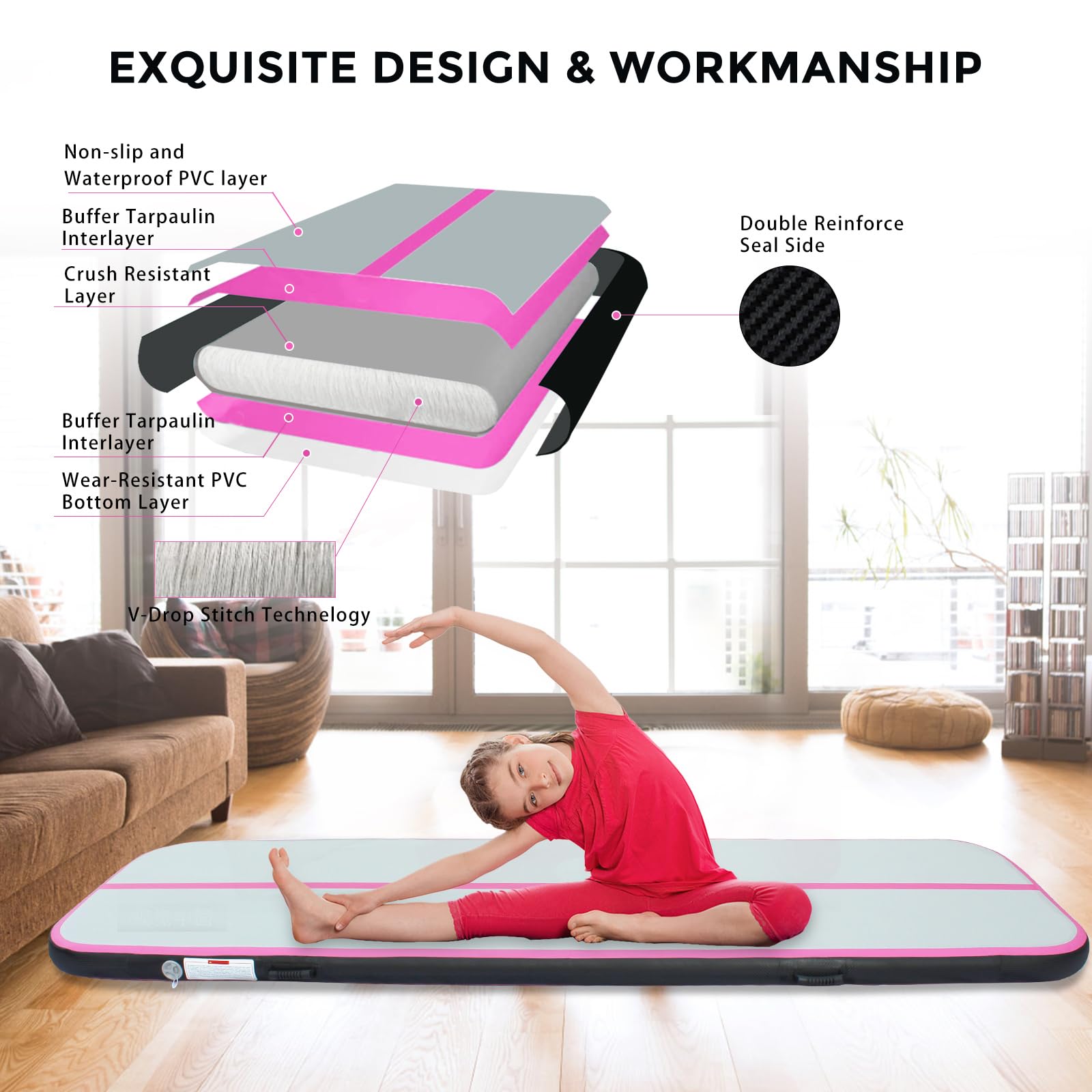 Air Matte Track - Tapis de gymnastique gonflable - 3/4/5/6 m - Avec pompe - Tapis d'entraînement - Tapis de fitness - Tapis de yoga pour la maison et l'extérieur