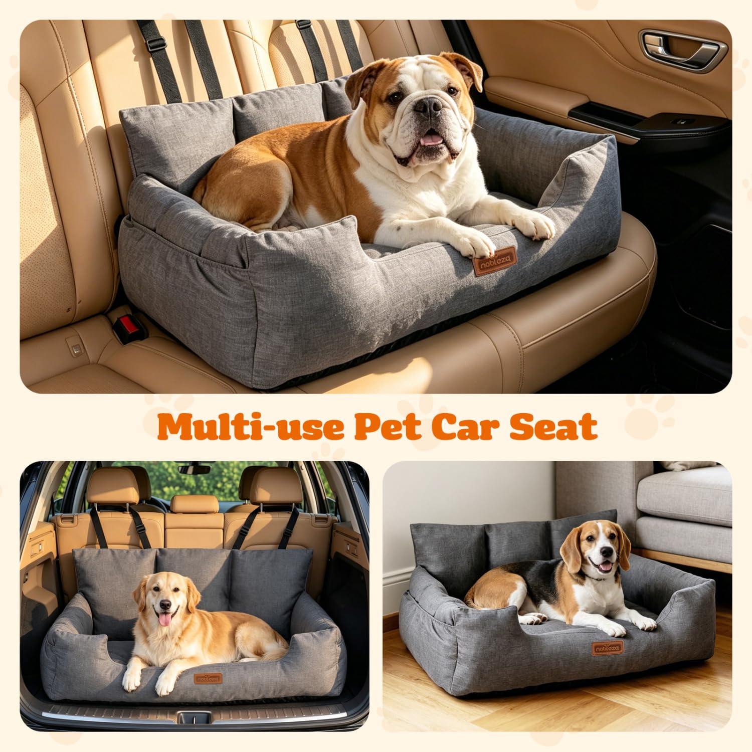 Nobleza - Hunde Autositz für Mittelgroße und Große Hunde, Abnehmbarer und Waschbarer Auto Reise Hundebett mit Staufächern und 2 Sicherheitsgurt, L92*W50*H40cm, Gris