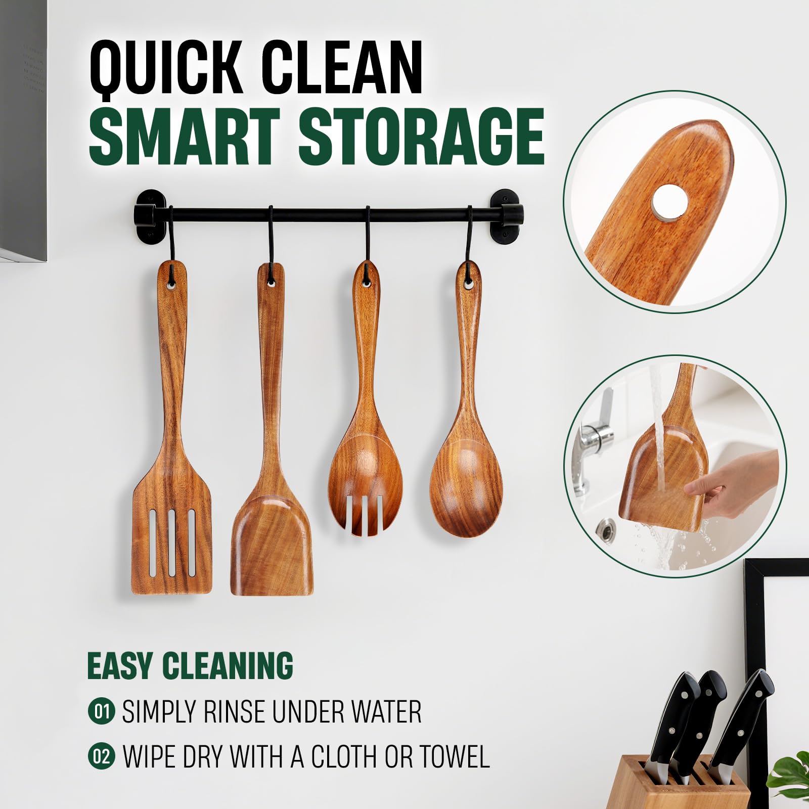 Bkiok Holzlöffel zum Kochen, Küchenutensilien-Set aus natürlichem Teakholz, für antihaftbeschichtete Pfannen, hitzebeständiger Holzspatel und Salatgabel (4-teiliges Set)