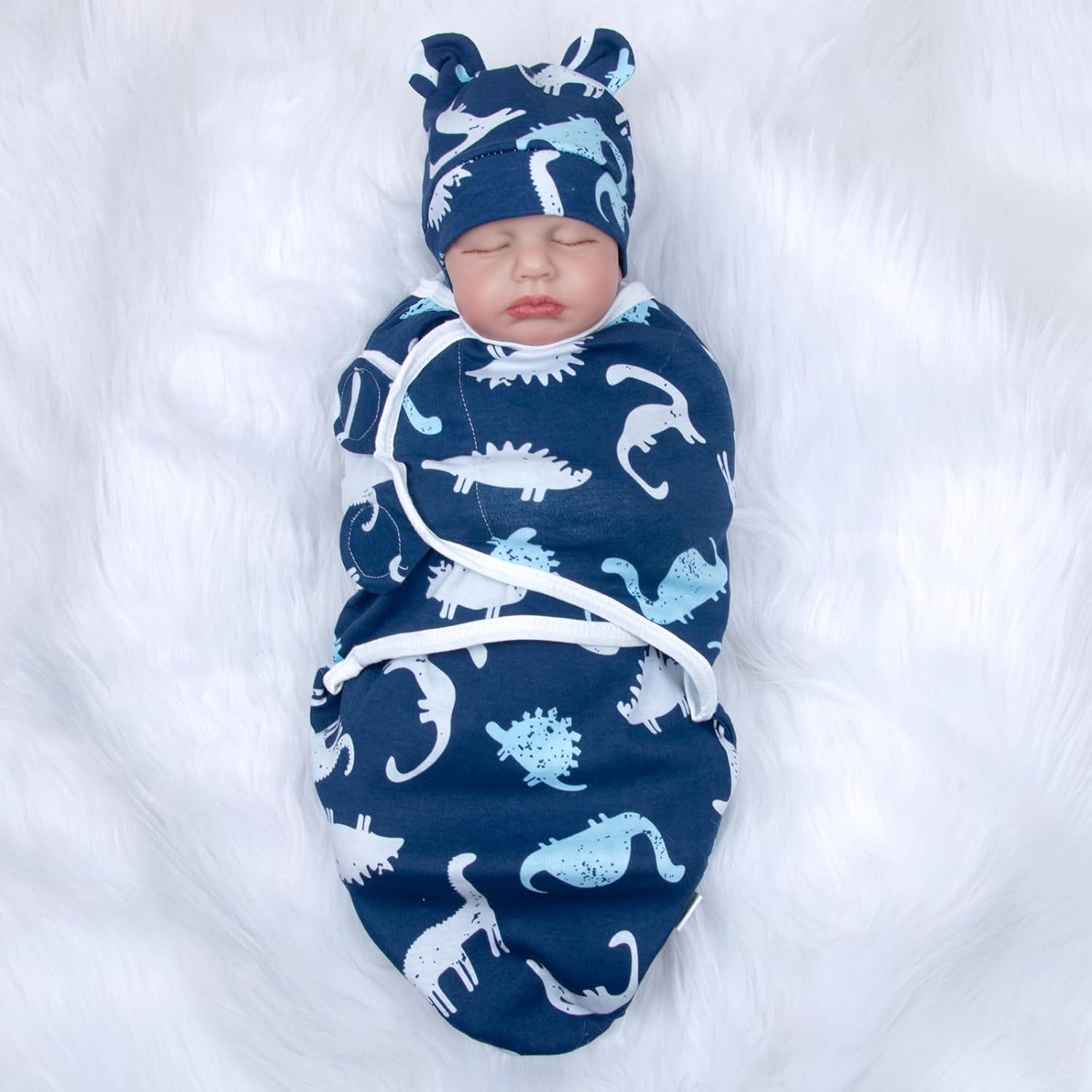 Reborn Baby Doll Clothes Outfit Accessories Swaddle Blanket & Hat 2 Pcs Set with Blue Dinosaur Patterns for 17-22 Inch Reborn Doll Newborn Boy