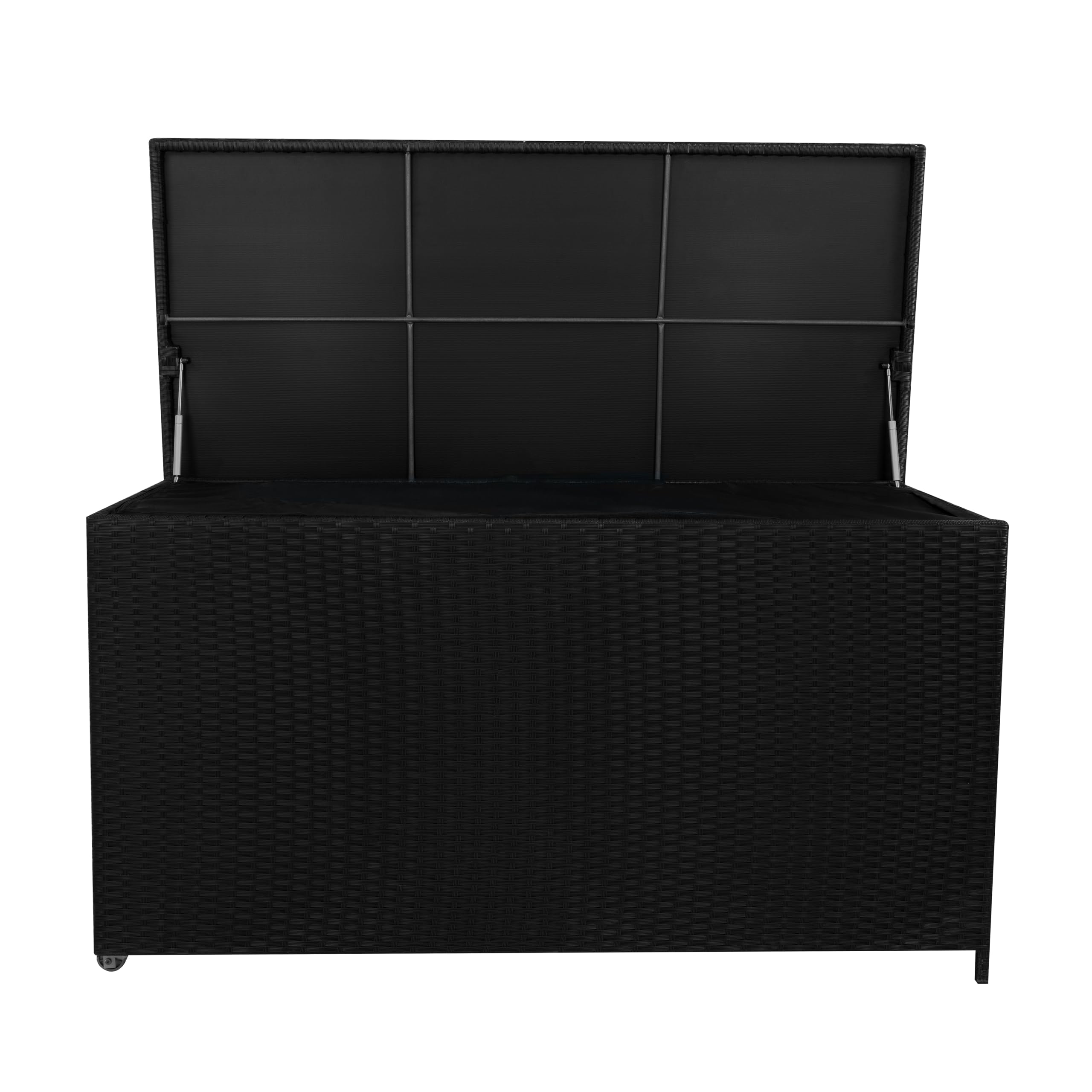 Coffre de Rangement Jardin Extérieur 700 L en Rotin Noir Résistant Aux Intempéries Doublure Zippée Rangement de Coussins Serviettes Jouets Meuble de Jardin Terrasse Cadre en Acier Verin en Gaz