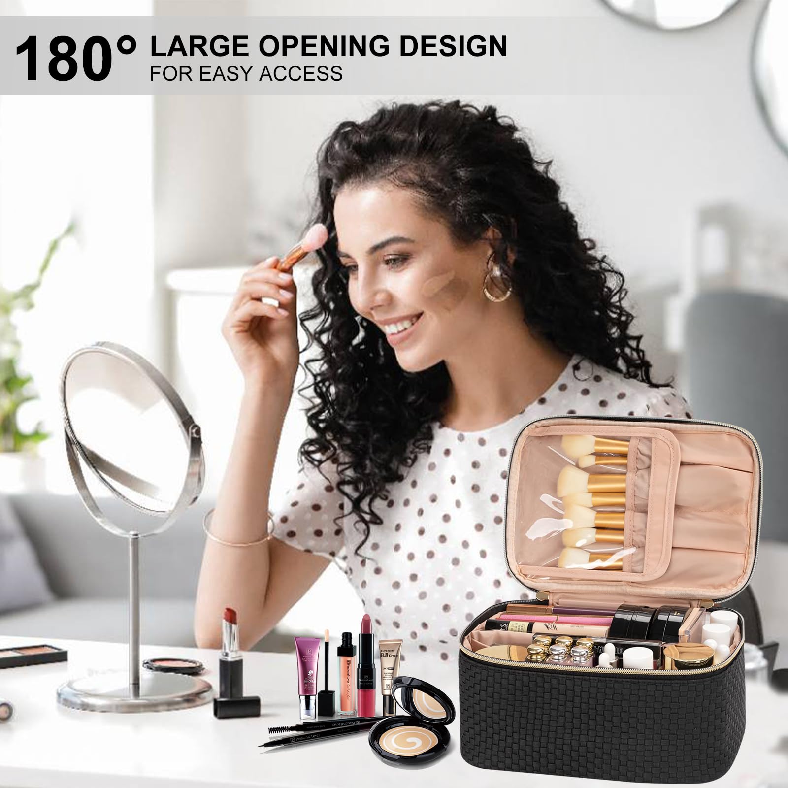 Neceser Maquillaje,Neceser Mujer Grande Viaje con Porta Brochas,Impermeable Bolsa de Maquillaje Organizador con Compartimento (Negro Elegante)