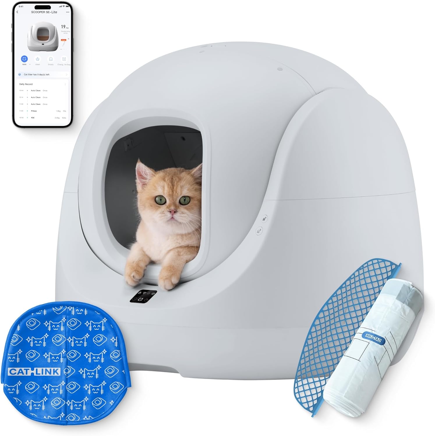 CATLINK SE Lite Automatic Self-Cleaning Litter Box with a cat inside, showing the mobile app interface and included accessories.