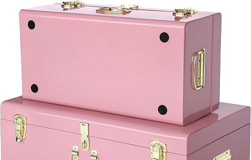 Miniatura 101 de Vixdonos Juego de 2 baúles decorativos de almacenamiento de caja de metal con asa (blanco con cierres de bronce) Blanco con cierres de bronce,Beige