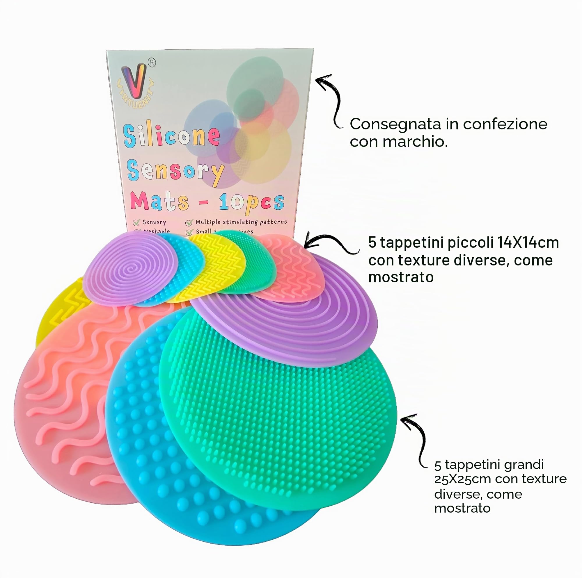 VIRTUENITY 10 tappetini sensoriali in silicone, 5 grandi (25 cm) e 5 piccoli (14 cm), pietre da calpestare colorate per autismo, ADHD, esigenze speciali, flessibili, lavabili, portatili, ideali per