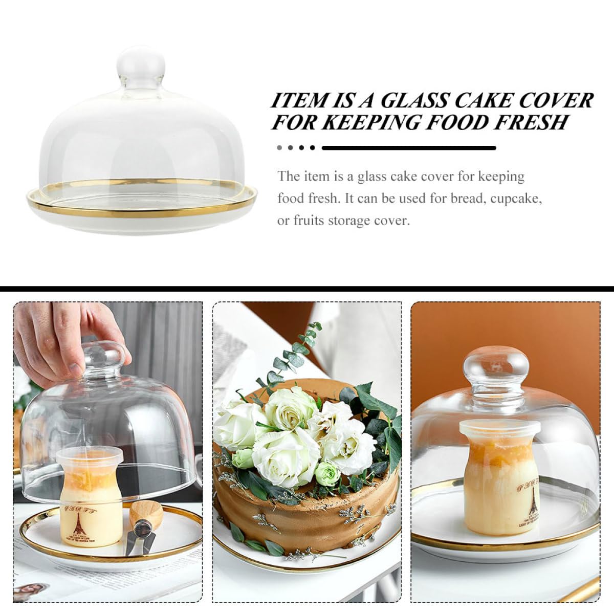 TOYANDONA Cloche à Gâteau pour Garder Les Aliments Frais avec Plateau en Céramique en Verre Couverture Alimentaire pour Repas de Fête et Mariages