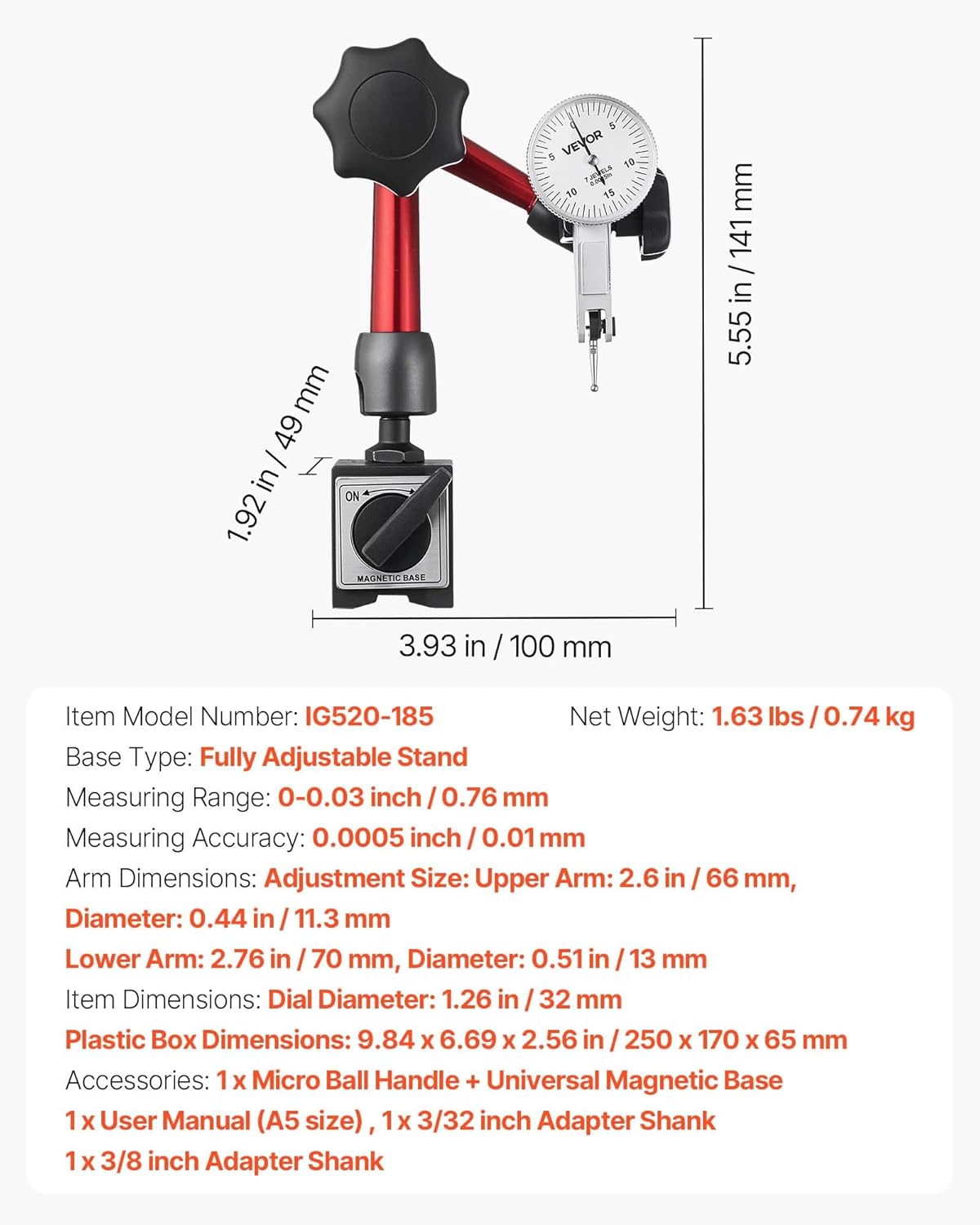 VEVOR Dial Test Indicator with Universal Magnetic Base and Storage Case, 0.0005 inch Accuracy, 0-0.03 inch Range, Micro Ball Handle for Narrow Area Measurement, Industrial Machining & Inspection
