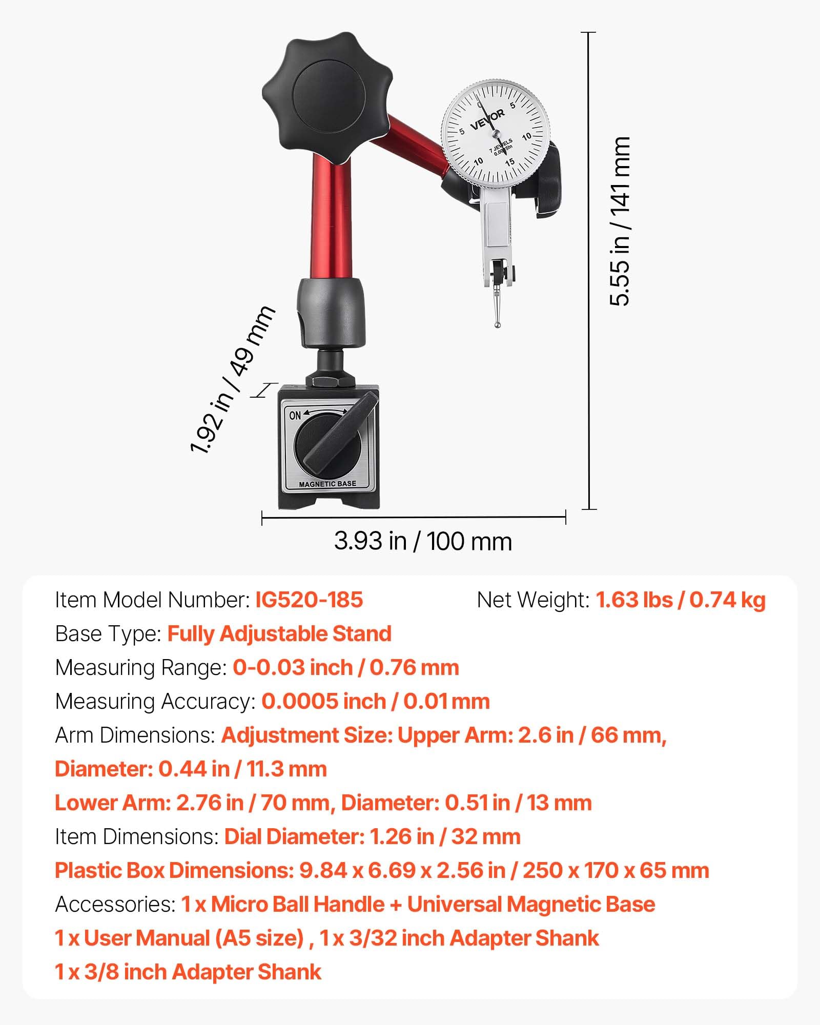 VEVOR Indicador de Cuadrante, con Base Magnética Universal y Estuche, Precisión de 0,01 mm, Rango 0 a 0,76 mm, Agarre de Microesferas, para Mecanizado, Reparaciones o Inspecciones de Laboratorio