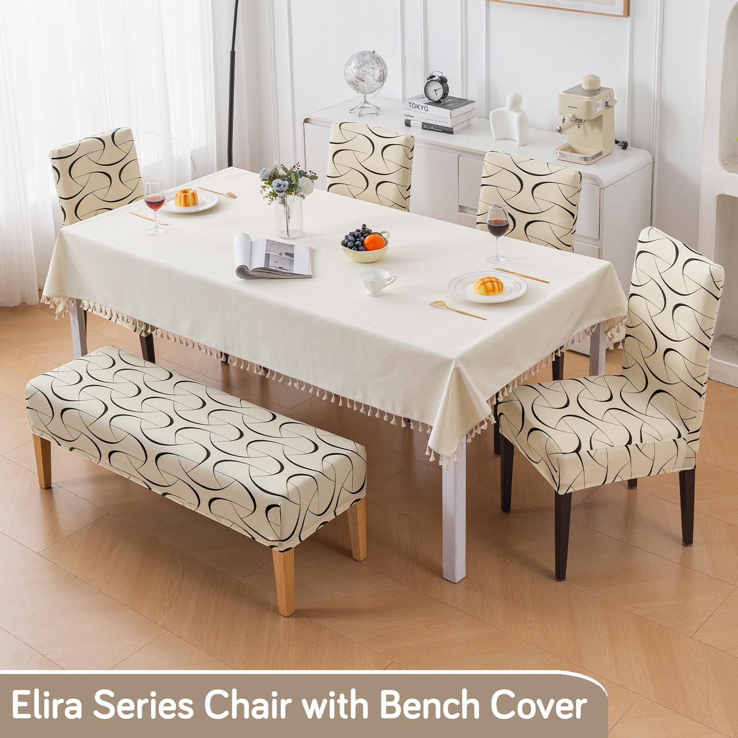 HOKIPO Dining Chair Covers - Beige Abstract Art -7