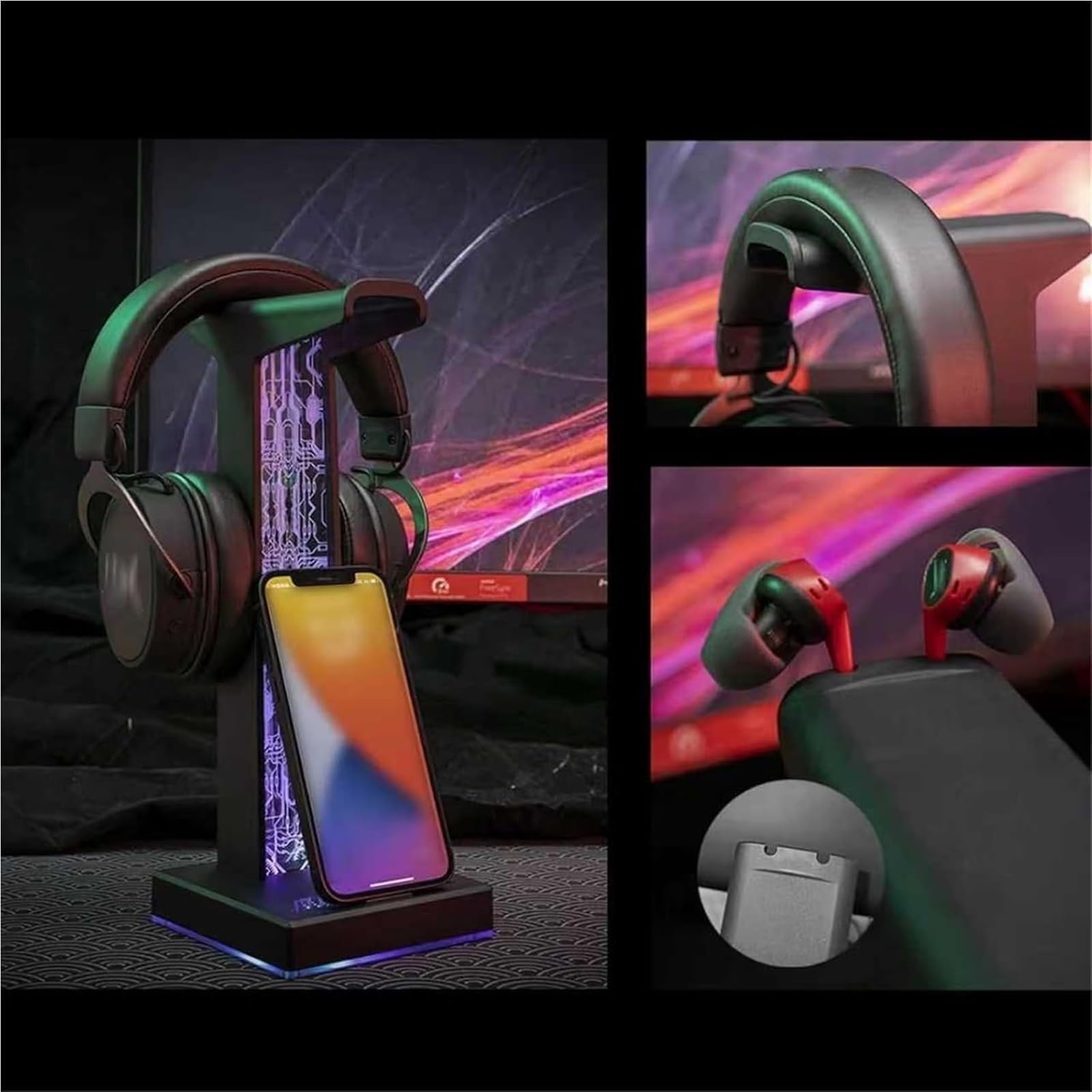 Générique Akrylowy uchwyt na słuchawki do gier, światło RGB z 10 trybami, złącze USB i audio 3,5 mm, praktyczny sprzęt biurowy dla mężczyzn, graczy i fanów muzyki (czarny)