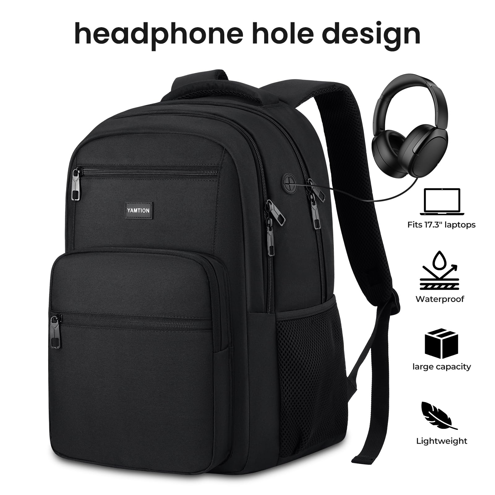 YAMTION Zaino per computer portatile per uomini e donne, nero, zaino per la scuola per ragazzi e ragazze, zaino da lavoro, con porta di ricarica USB, adatto per laptop e notebook da 15,6 pollici