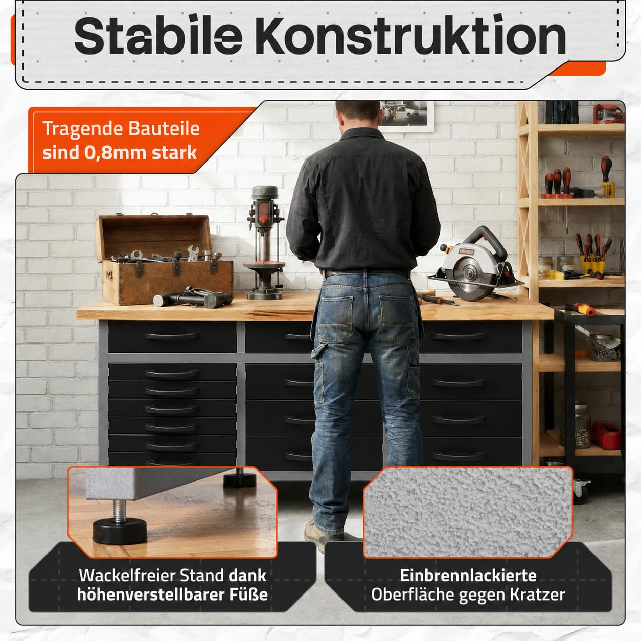 Ondis24 Werkbank Konny Werktisch 15 Schubladen 160x60x85 cm bis 450kg | Buchenholzarbeitsplatte , Metall bis 450kg belastbar