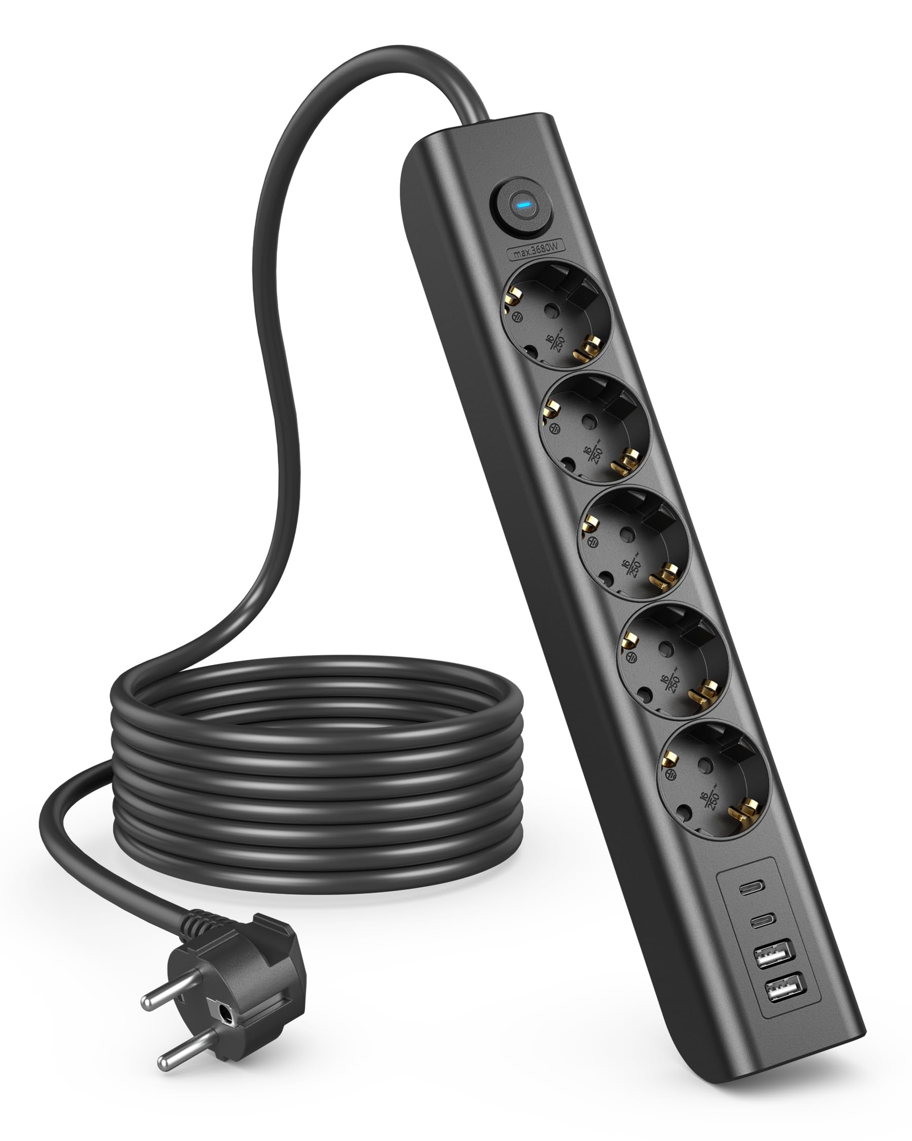 5 Fach Steckdosenleiste,9 in 1 Mehrfachsteckdose mit USB,3680W Steckerleiste mit Schalter,16A USB C Mehrfachstecker,Wandmontage Steckerleiste Verteilersteckdose für Küche Büro,1.8M Kabel