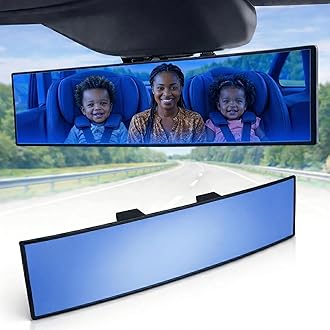 ICBEAMER 9.4" Car Rearview Mirror, HD Blue Tint Panoramic Wide Angle Convex, 2 Internal Retractable Rubber Clips, Anti-Glare, Universal Auto Accessories for Trucks, Cars, SUVs, 1 Pack