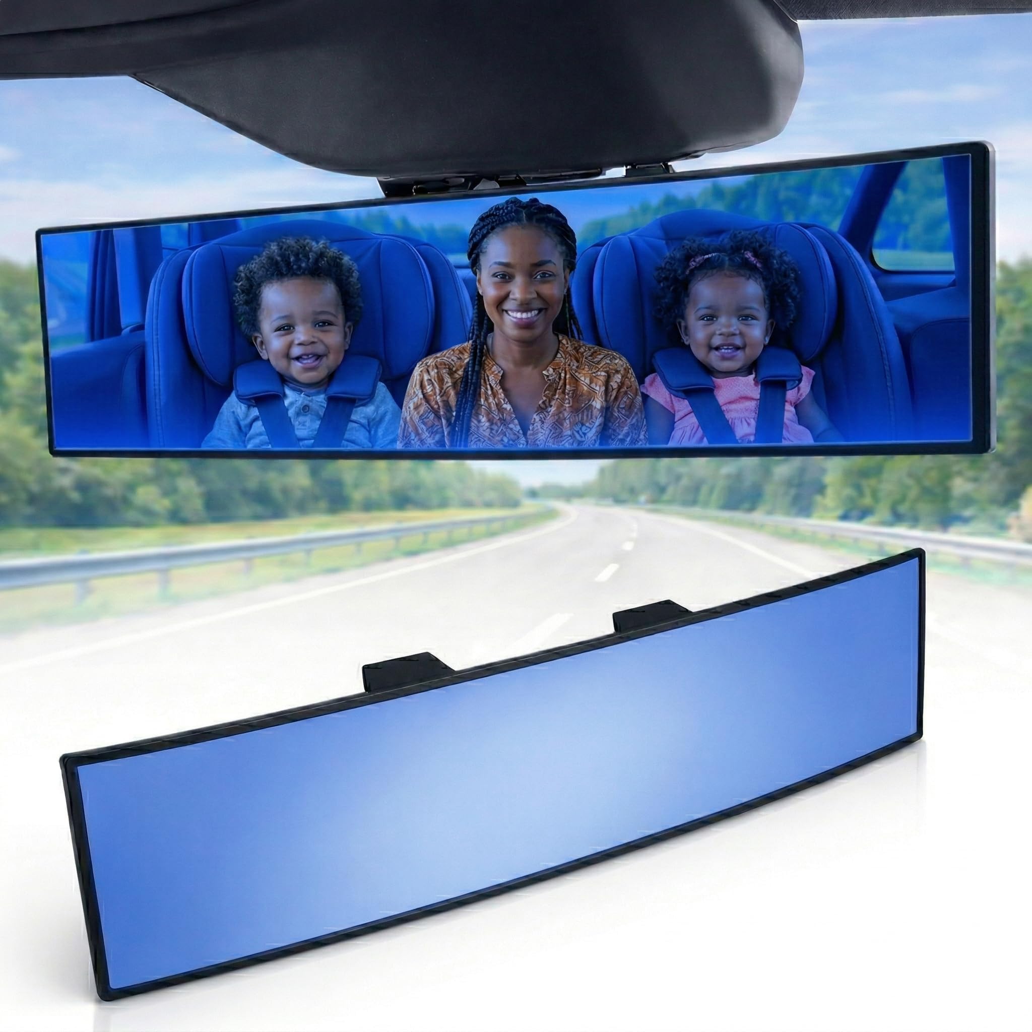 ICBEAMER 9.4" 240mm Easy Clip on Universal Fit Wide Angle Panoramic Auto Interior Rearview Mirror "Flat Blue Surface"