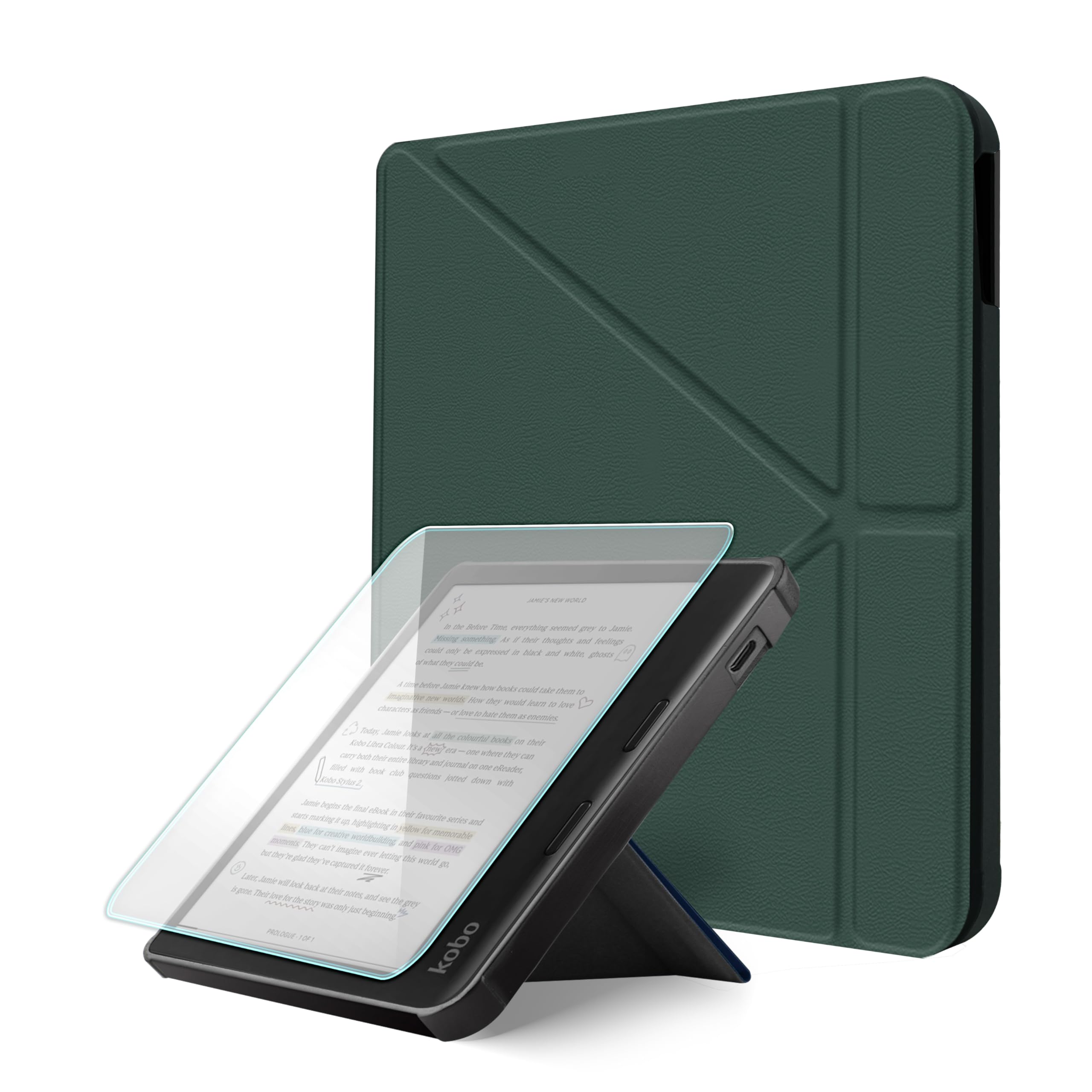 Photo 1 of Arcanproty Case for Kobo Libra Colour (2024) & Libra 2 - Vegan Leather Cover with Origami Stand & Auto Wake/Sleep, Includes Screen Protector, Compatible with Model N428 & N418 (Dark Green, 7 inch)