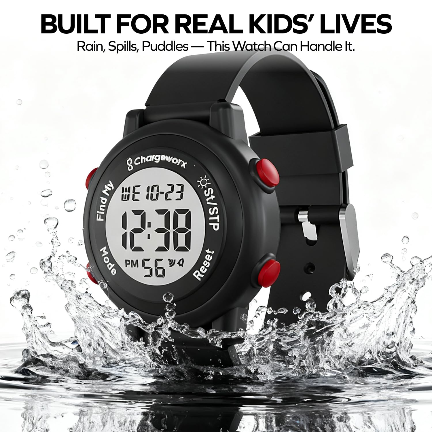 Chargeworx Orologio digitale per bambini con Apple Find My Tracker, alternativa allo smart watch per ragazzi e ragazze, orologio sportivo impermeabile con sveglia, cronometro e cinturino in morbido
