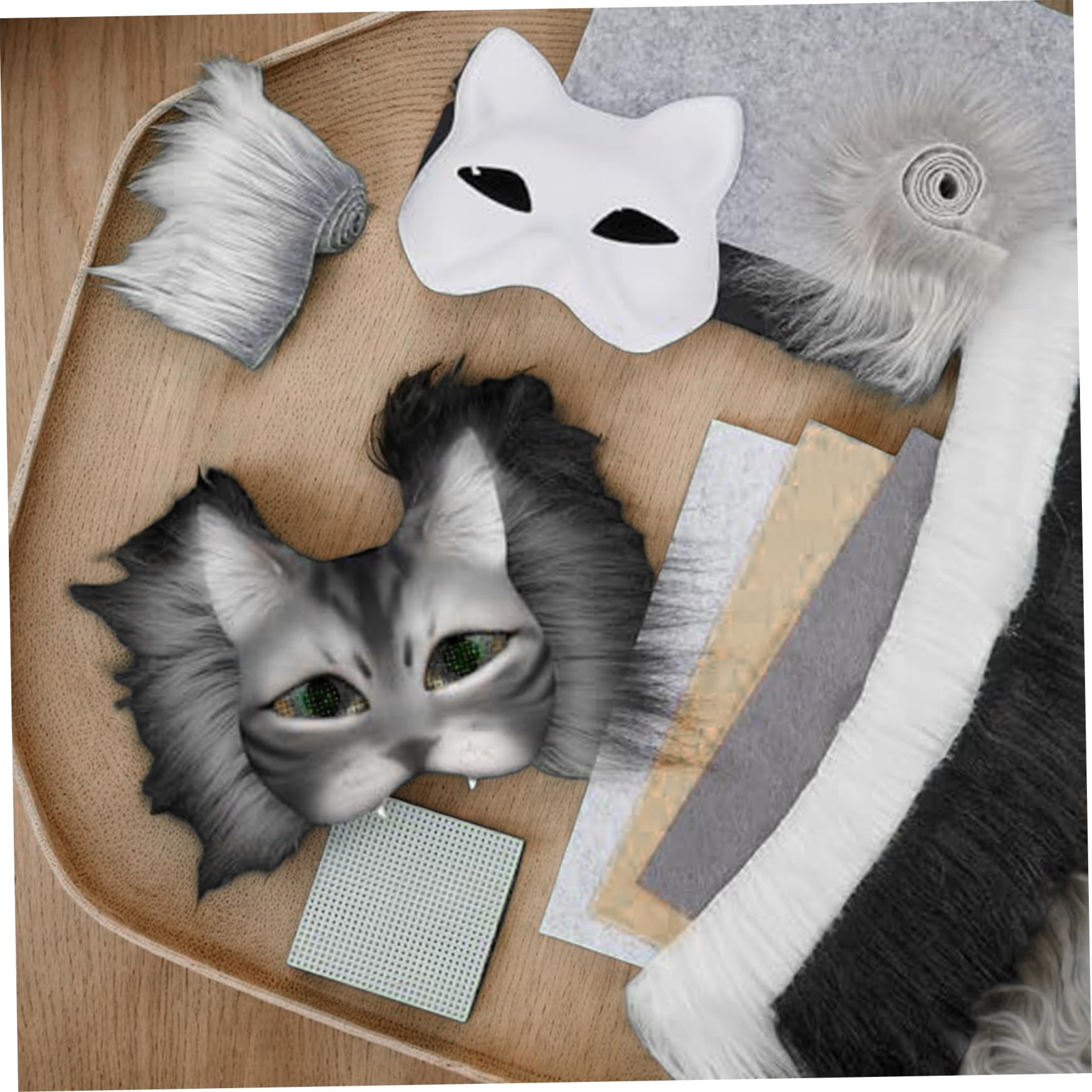 Kit di maschera therrian fai -da -te, maschere per gatti vuoti da 6 pezzi con panno in rete da 4 pezzi, striscia di lana 5 e fogli di tessuto in feltro da 5 per maschere volpe pelose fai
