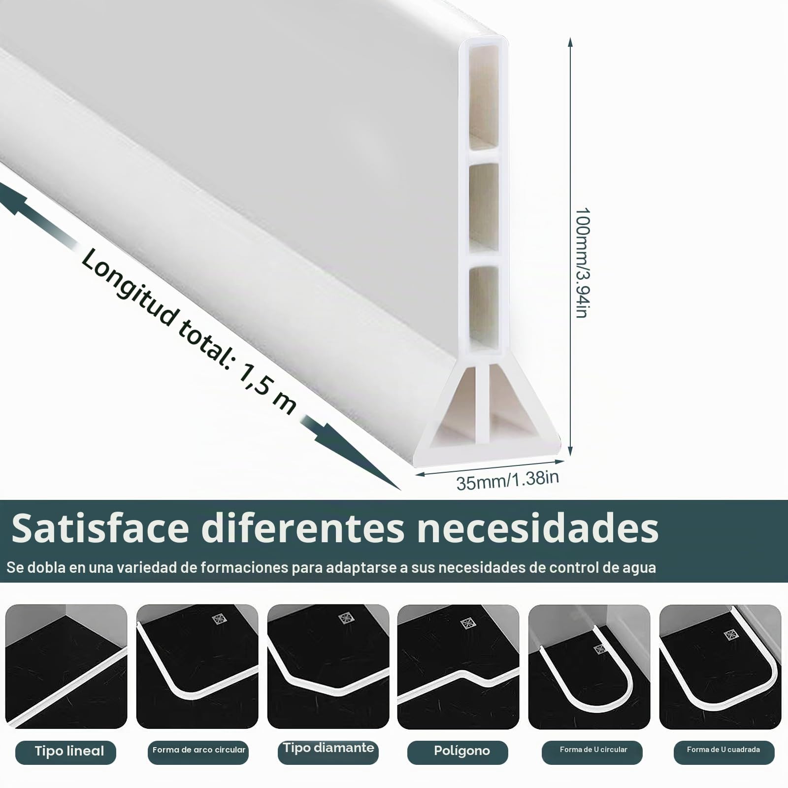 Junta de ducha autoadhesiva TPE, color blanco, barrera de agua, para ducha, plegable, barrera de agua, para cocina, 1,5 m de largo, 10 cm de alto y 3,5 cm de ancho