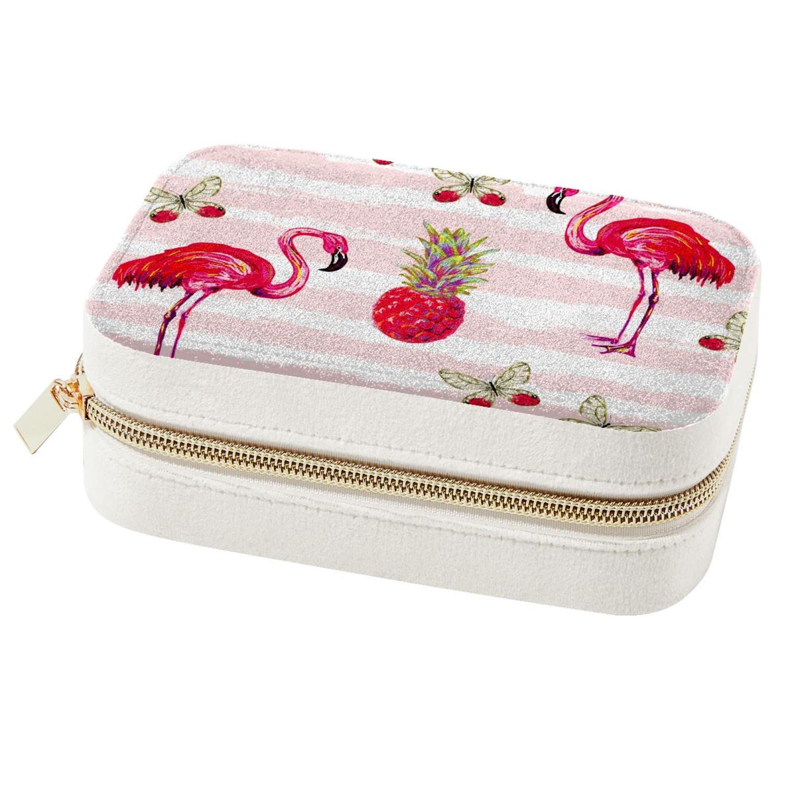 Boîte à bijoux flamant rose compacte avec miroir intégré et rangement zippé