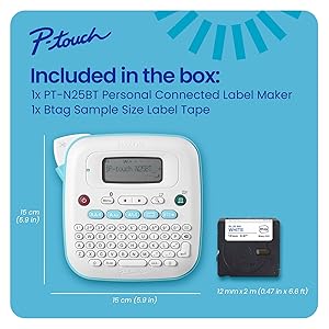 Brother P-Touch PT-N25BT Personal Connected Label Maker, Bluetooth, Design&Print2 app, Portable, Handheld and Prints with P-Touch Btag (12mm) Wide Color Label Tapes