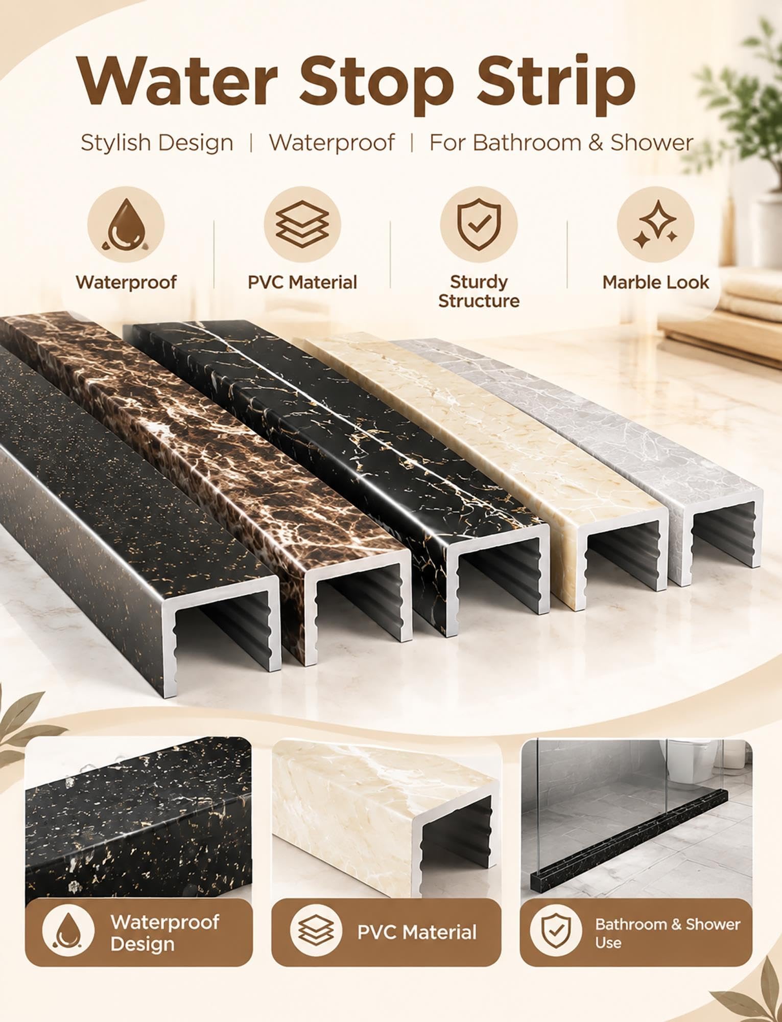 Barrera de Agua PVC, Efecto Mármol, Separación Seco-Húmedo en Baño
