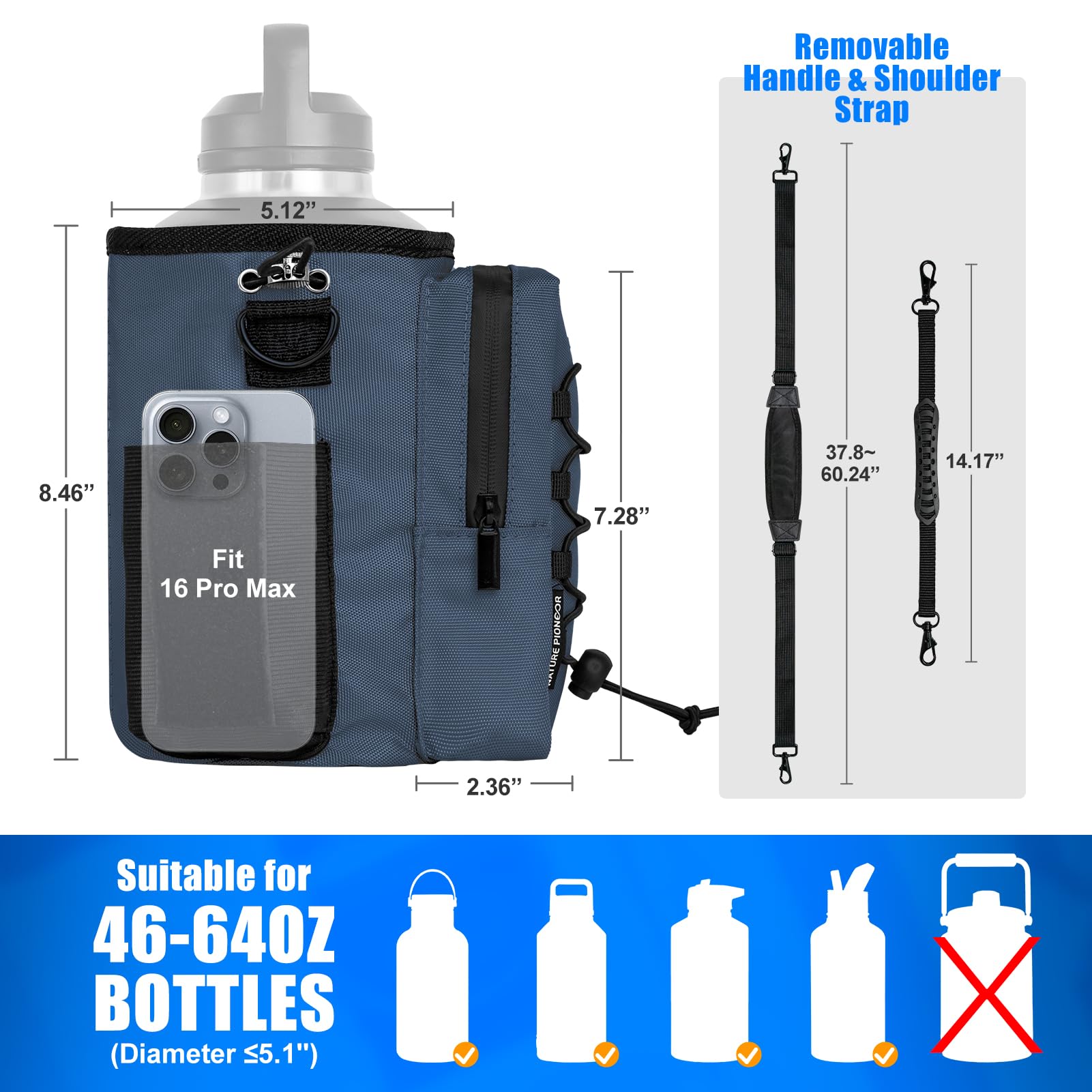 NATURE PIONEOR Magnetischer Turnbeutel für Damen und Herren – Magnet-Wasserflaschenhalter, Tragetasche, Schultertrage mit Schultergurt, Fitness-Zubehörtasche, Handytaschen für Sport, Wandern, Reisen