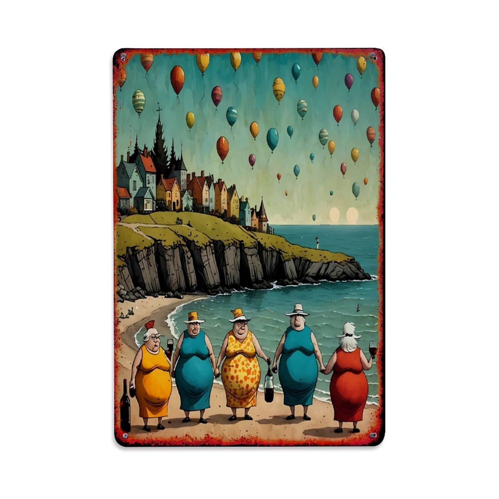 Jdyaojiesheng Women's Vintage Whimsical Balloons Coast Town Tin Sign Retro Metal Wall Decor Metal Poster, Home Bar Garage Farmhouse Cafe Wall Art Decoration 8X12inches