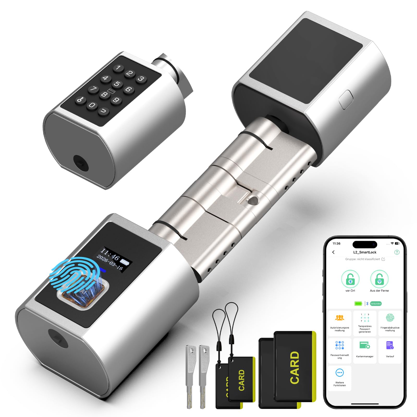 Anweller Smartes Türschloss Fingerabdruck mit Zahlencode, Elektronisches Schließzylinder Haustür mit WLAN-Fernbedienung und Display, inkl. Schlüssel & IC-Karte für 60-130mm Türen