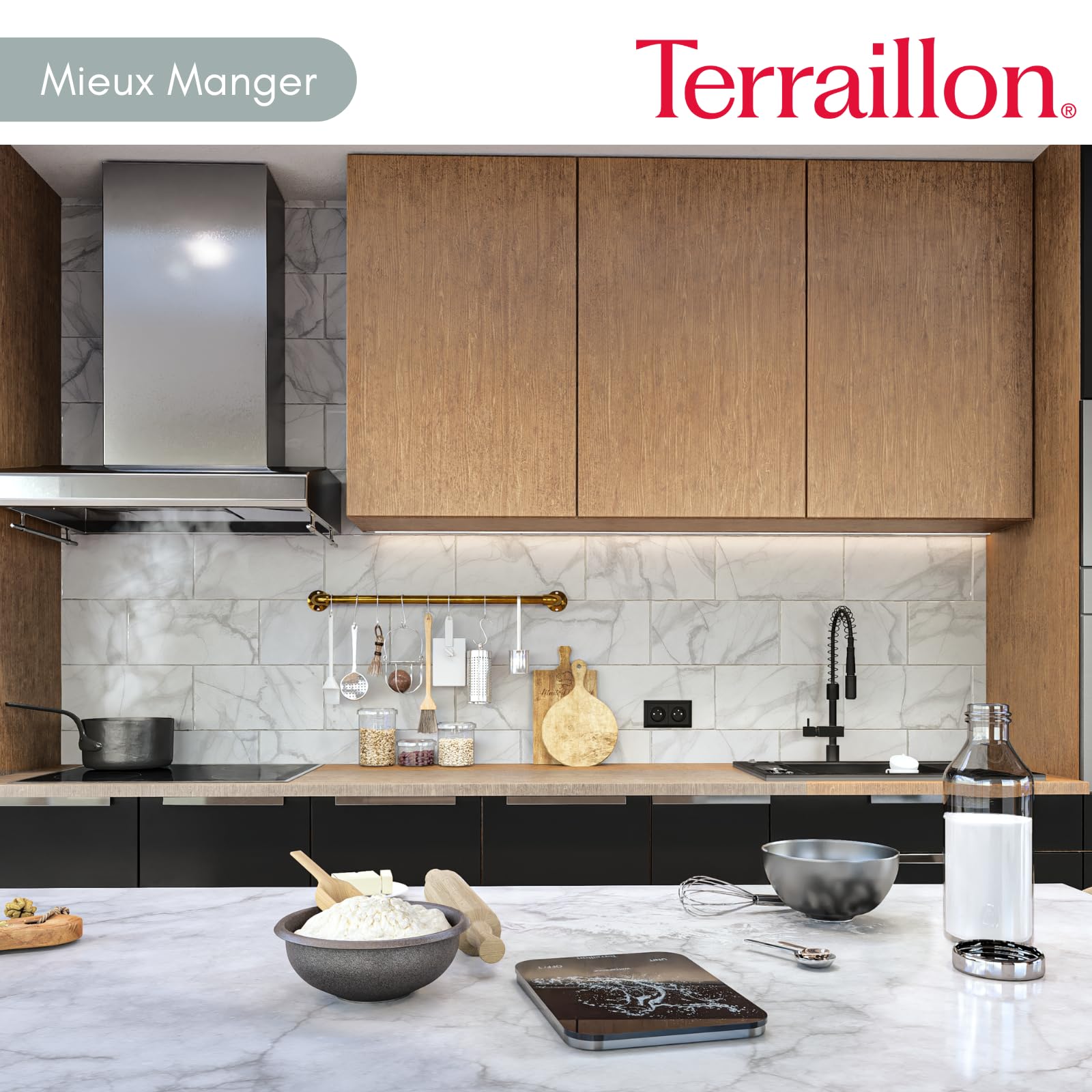 TERRAILLON - AQUA RESIST - Bilancia da cucina elettronica, impermeabile IP67, schermo magico LED retroilluminato, capacità 8 kg, gradazione 1 g, senza batterie, ricarica USB-C, nero
