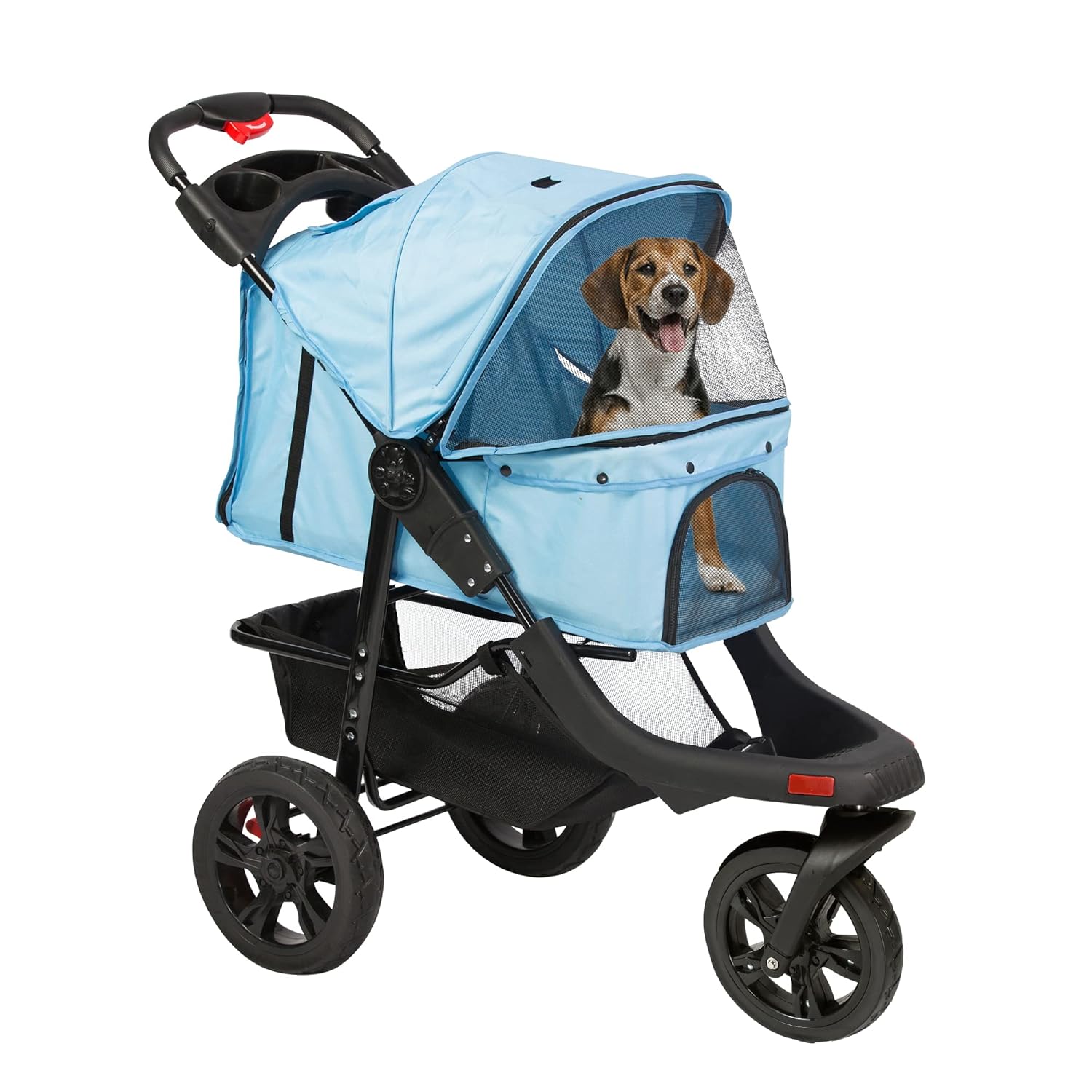3 Wheels Pet Stroller for Dogs & Cats – Foldable Jogger with Storage Basket & Waterproof Puppy Carrier, Blue