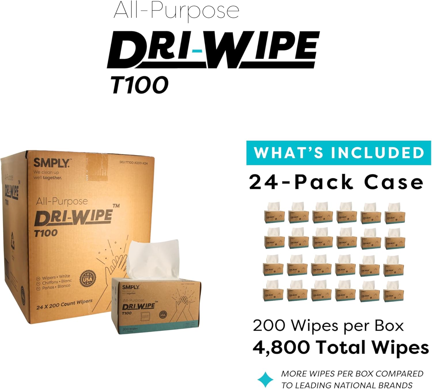 Dri-Wipe™ T100 All-Purpose Center-Pull Wipes – 24 Boxes of 200 (4,800 Total) – Disposable Cleaning Wipes, a Smarter Alternative to Paper Towels for Janitorial, Retail & Foodservice Use