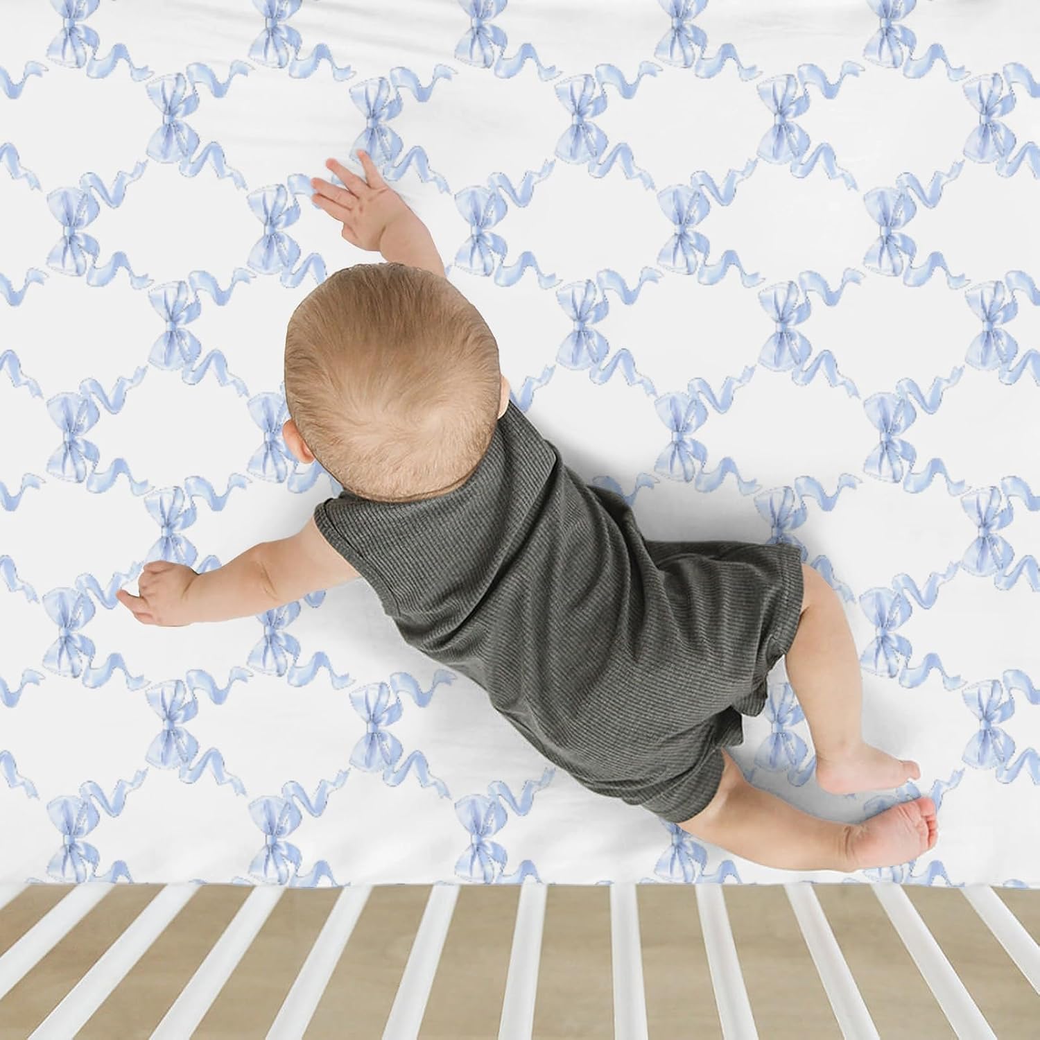 Blue Bows Ribbon Baby Crib Sheets for Boy Girl 52x28Inch Pastel Blue Ribbons Soft Stretchy Fitted Crib Mattress Cover Watercolor Bows Nursery Baby Sheet for Crib and Toddler Bed Mattresses