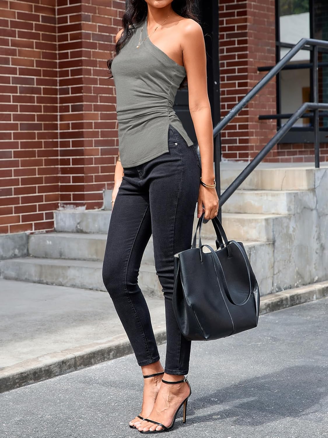 Cicy Bell Womens Summer One Shoulder Tank Tops Slim Fit Asymmetrical Tops Split Hem Ruched Going Out Y2k Shirts - Image 4