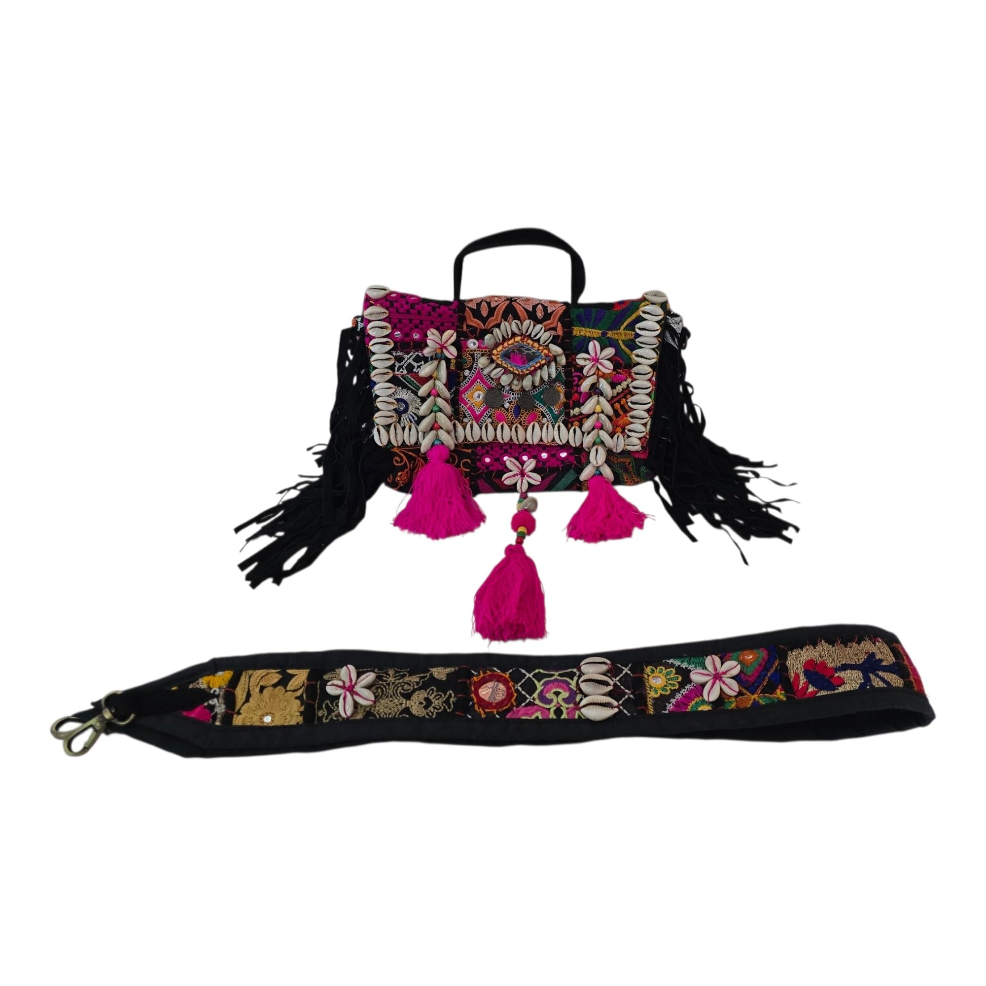 Banjara Sling Bag Black with Cowrie Shell Embroidery, Fringe, and Pink Tassel, Magnetic Snap Closure, 25x18 cm Handmade Patch Work-image-25