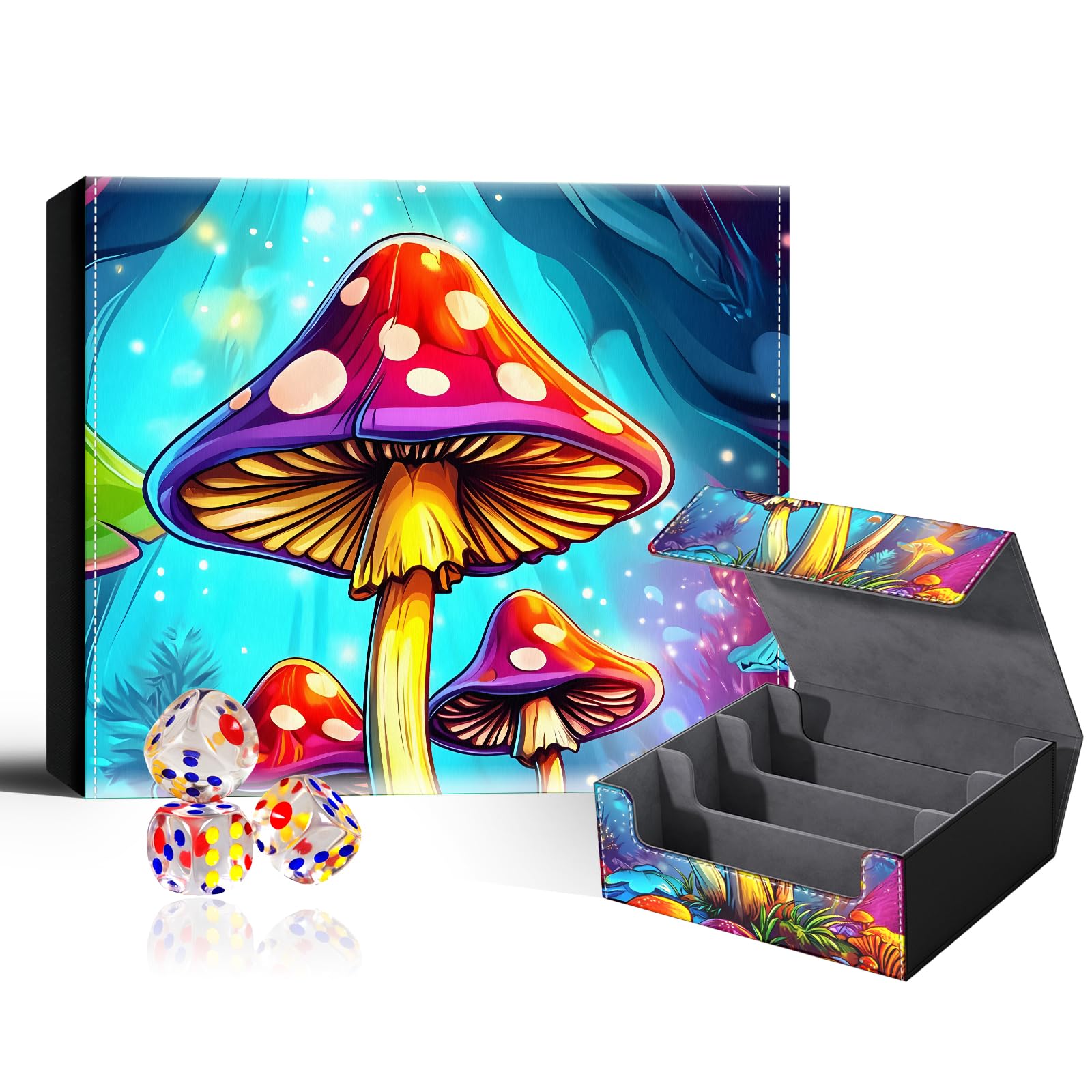 VOGDMKJG Trading Card Deck Box Fit 1800+ Single Sleeved Cards,PU Leather Magnetic Closure Card Storage Box With 3 Dice For MTG/TCG/PTCG/Magic/Sport Card Storage Case Large 3 ROW Design Blue Mushroom