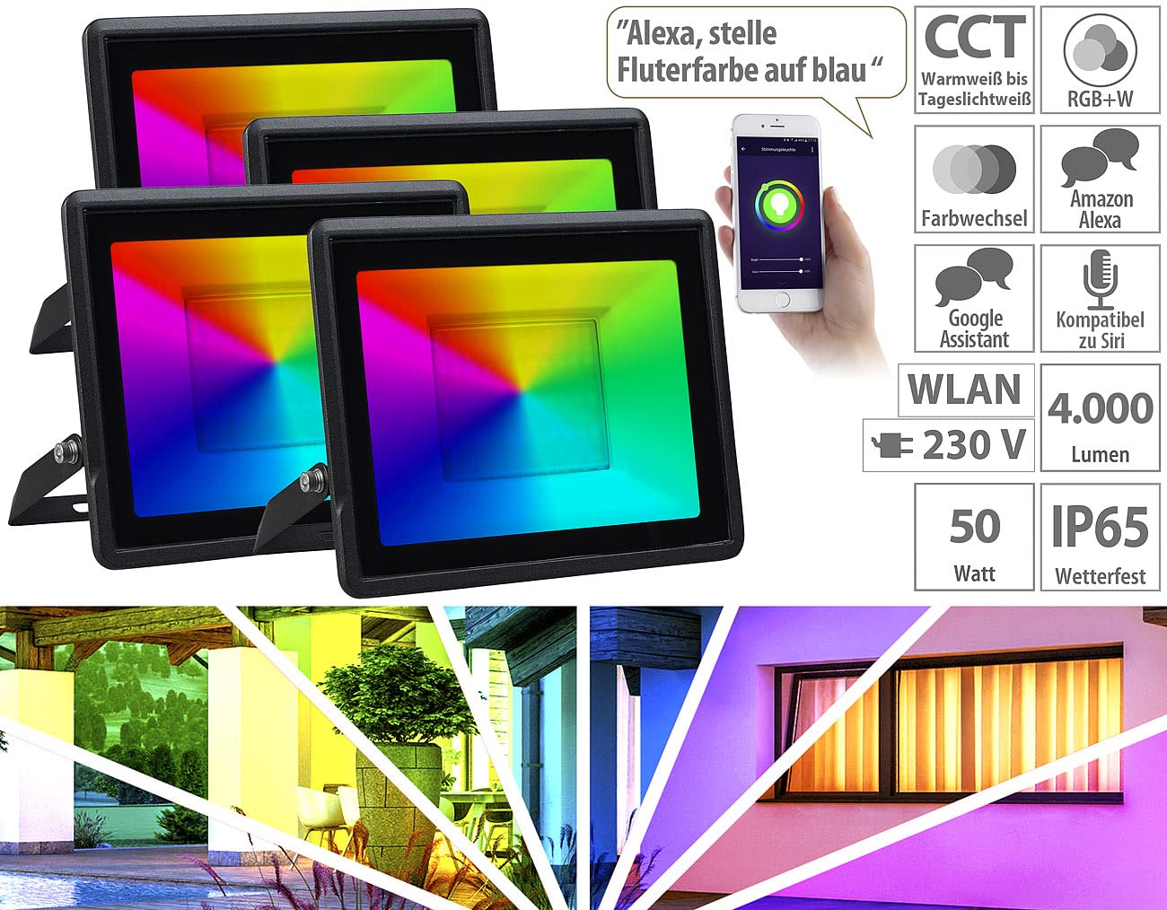 Luminea Home Control LED-Strahler mit App: 4er-Set WLAN-Fluter, RGB-CCT-LEDs, App, 3.750 lm, 50 W, IP65 (RGB-Strahler außen, Flutlicht mit WiFi, PC)