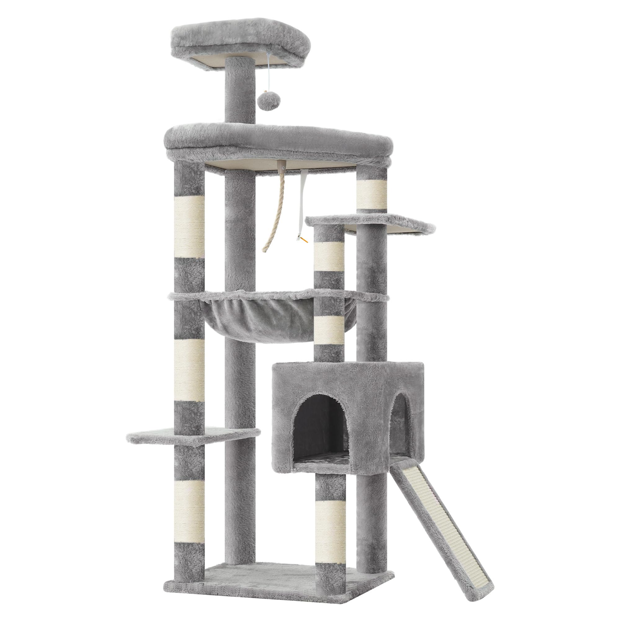 Heybly Albero Tiragraffi per Gatti Robusto 163 cm, Struttura Allargata con Grandi Piattaforme. Graffioio in Sisal Integrato, Amaca XXL e Cuccia. Mobile Design Stabile per Gatti, Grigio Chiaro HCT027W
